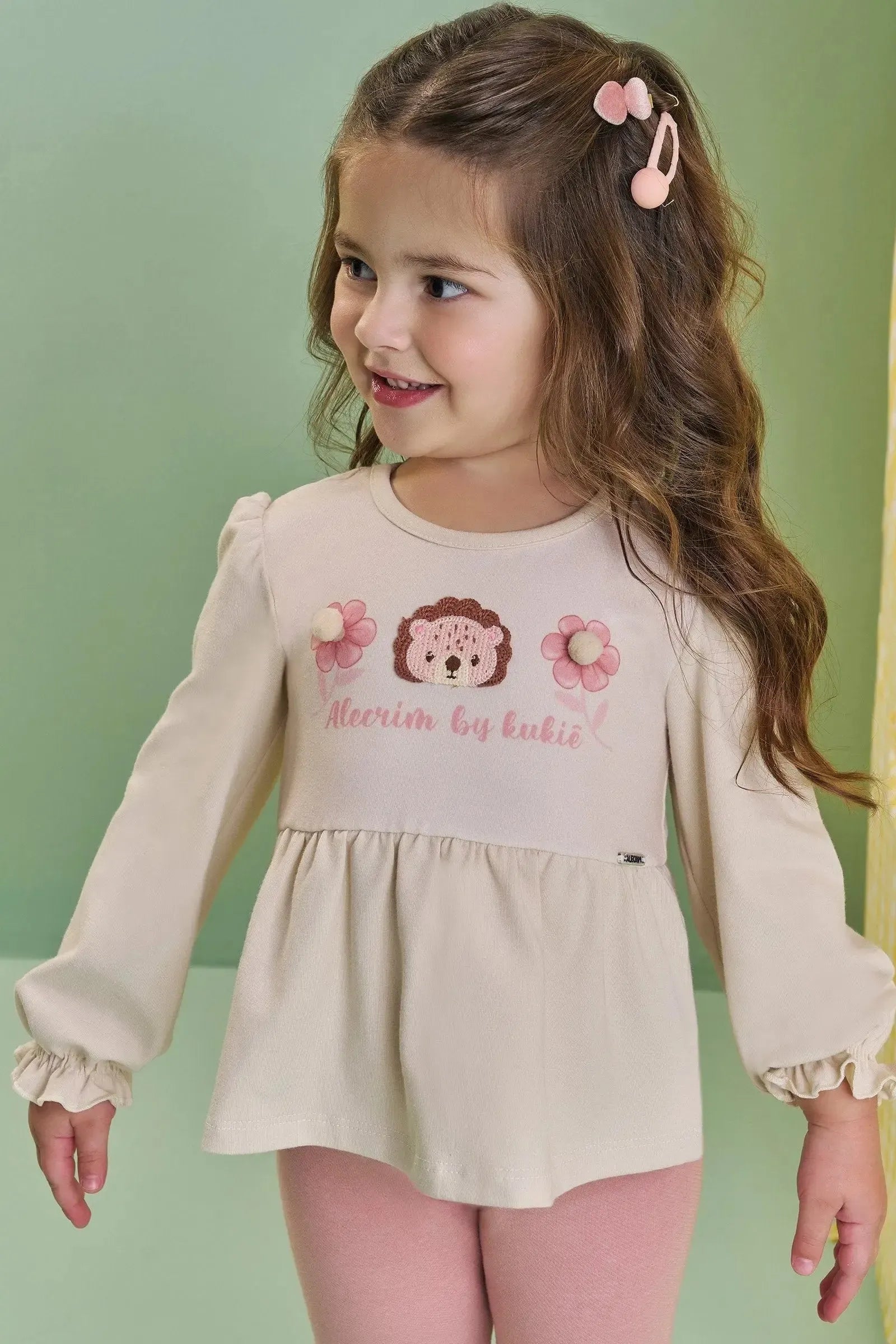 Conjunto de Bata em Cotton e Calça Legging em Cotton Jeans 89879 Kukiê Bebê Menina