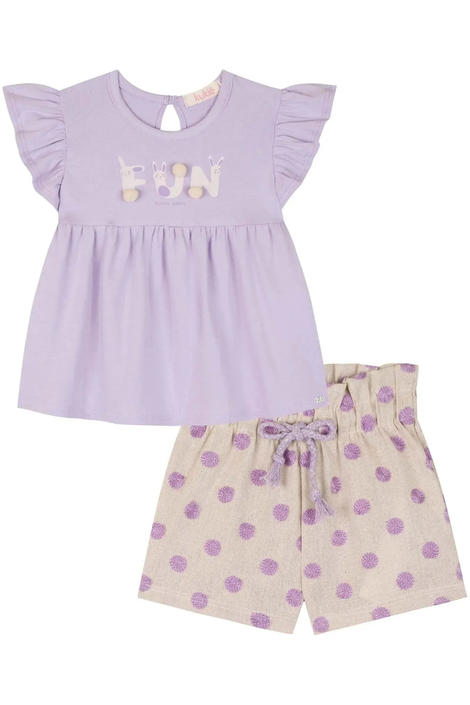 Conjunto de Bata em Cotton e Shorts em Linho Poá Bordado 85579 Kukiê Bebê Menina