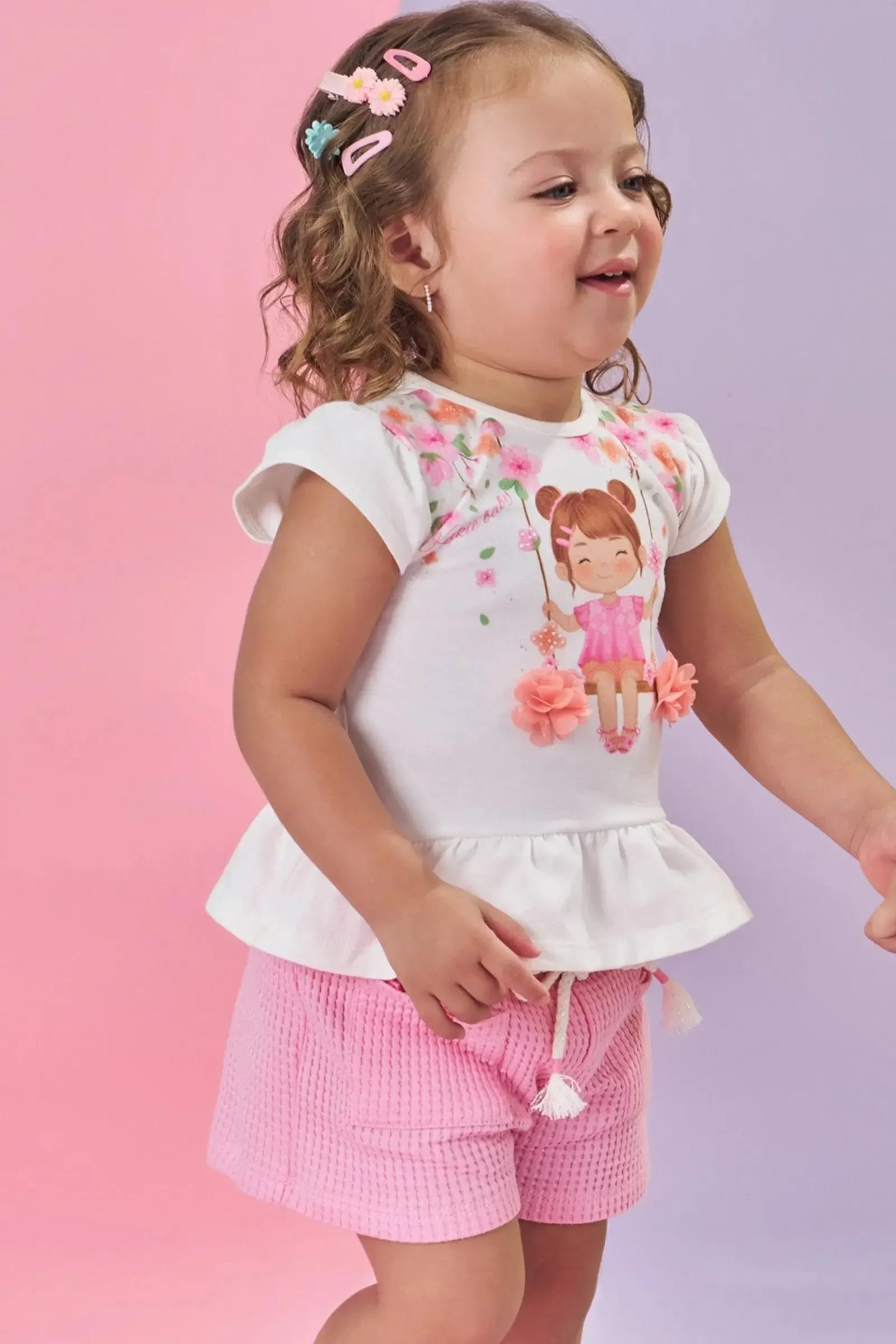 Conjunto de Bata em Cotton e Shorts em Malha Big Waffle 85722 Kukiê Bebê Menina