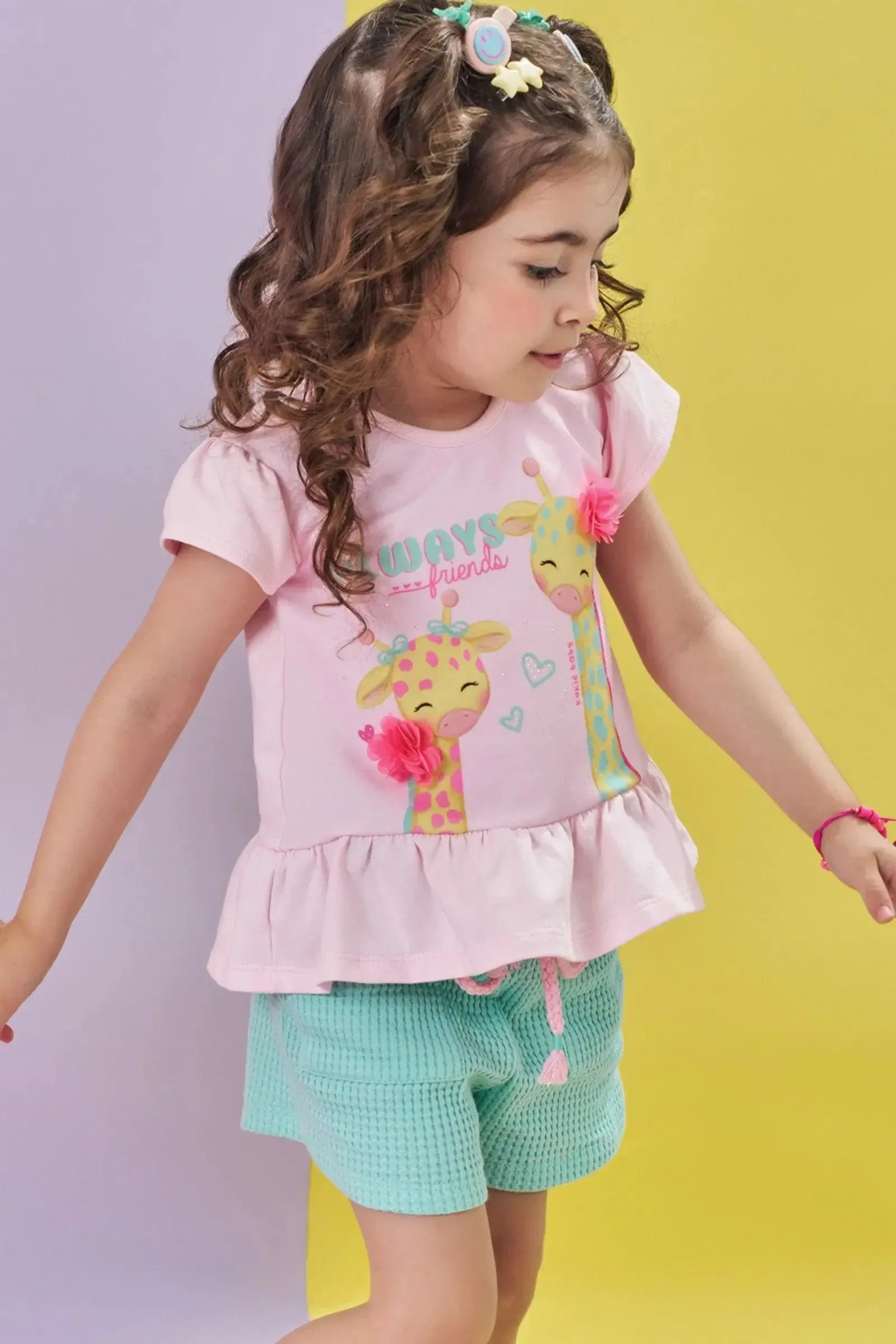 Conjunto de Bata em Cotton e Shorts em Malha Big Waffle 85722 Kukiê Bebê Menina