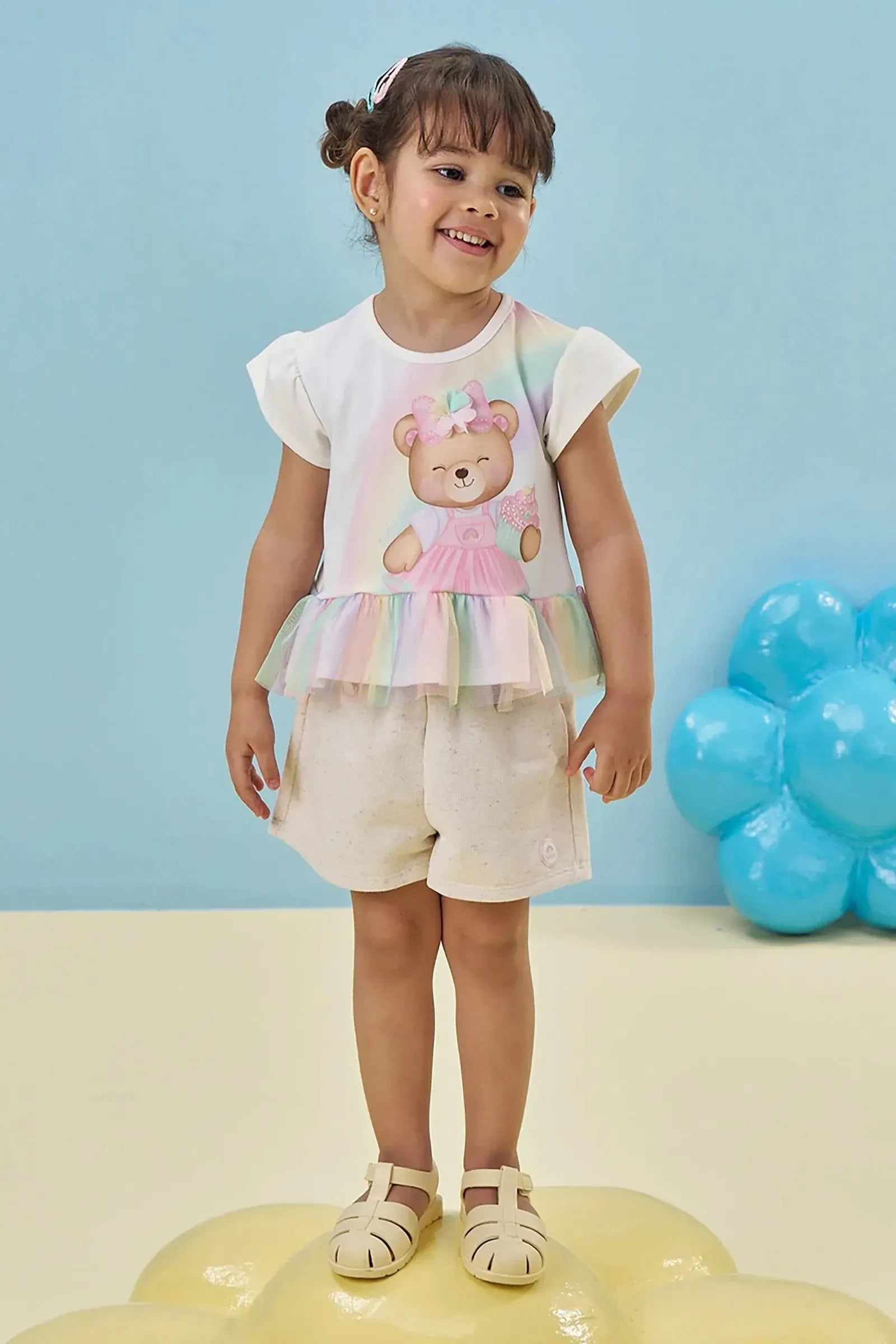 Conjunto de Bata em Cotton e Tule com Elastano e Shorts em Moletom Linho sem Pelúcia 95350 Kukiê Infantil Menina