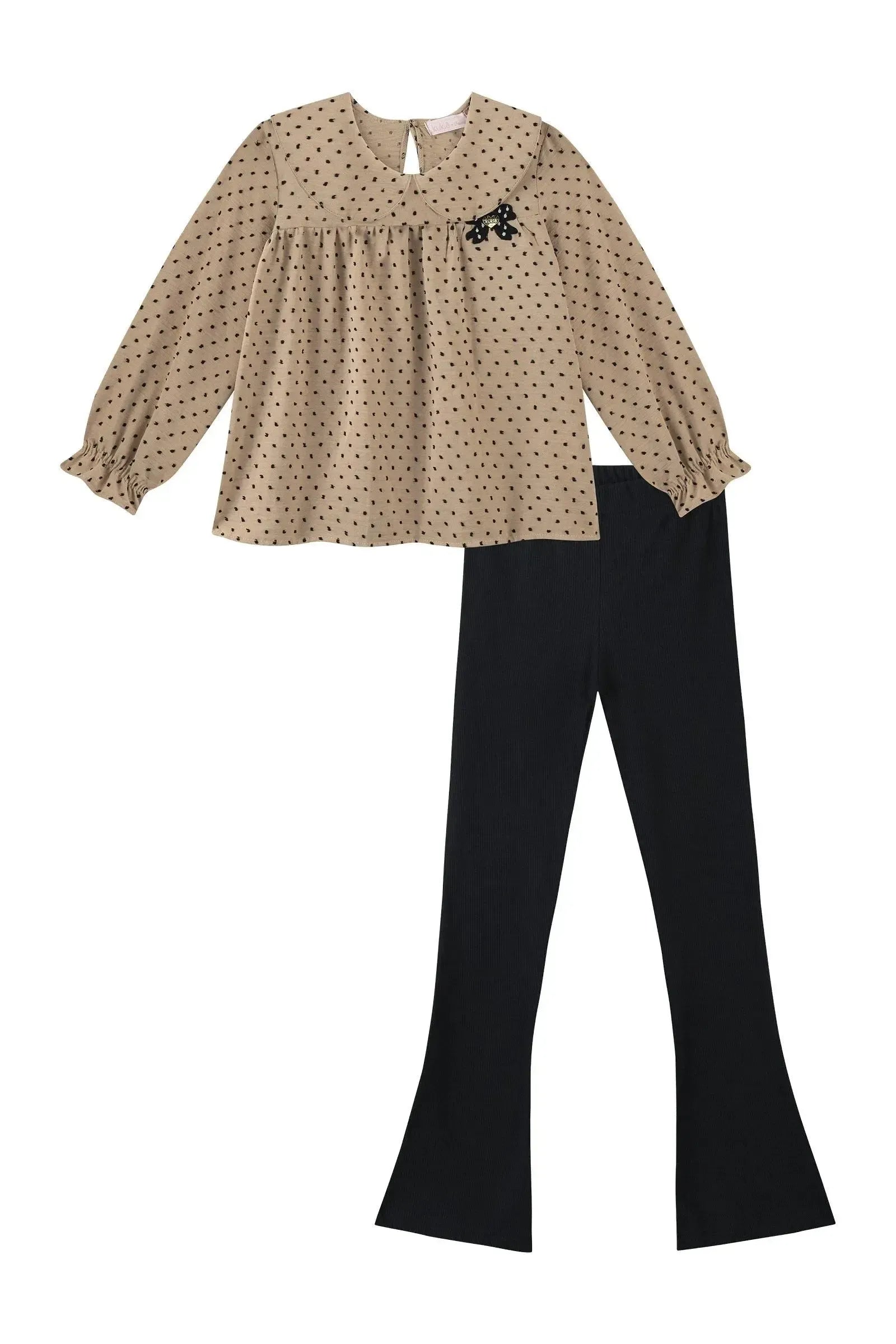 Conjunto de Bata em Crepe Textura Poá e Calça Boot Cut em Canelado 90920 Kukiê Infantil Menina