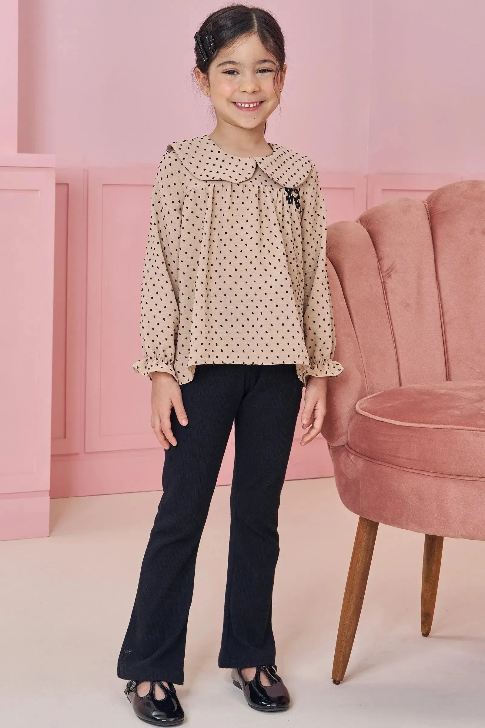 Conjunto de Bata em Crepe Textura Poá e Calça Boot Cut em Canelado 90920 Kukiê Infantil Menina