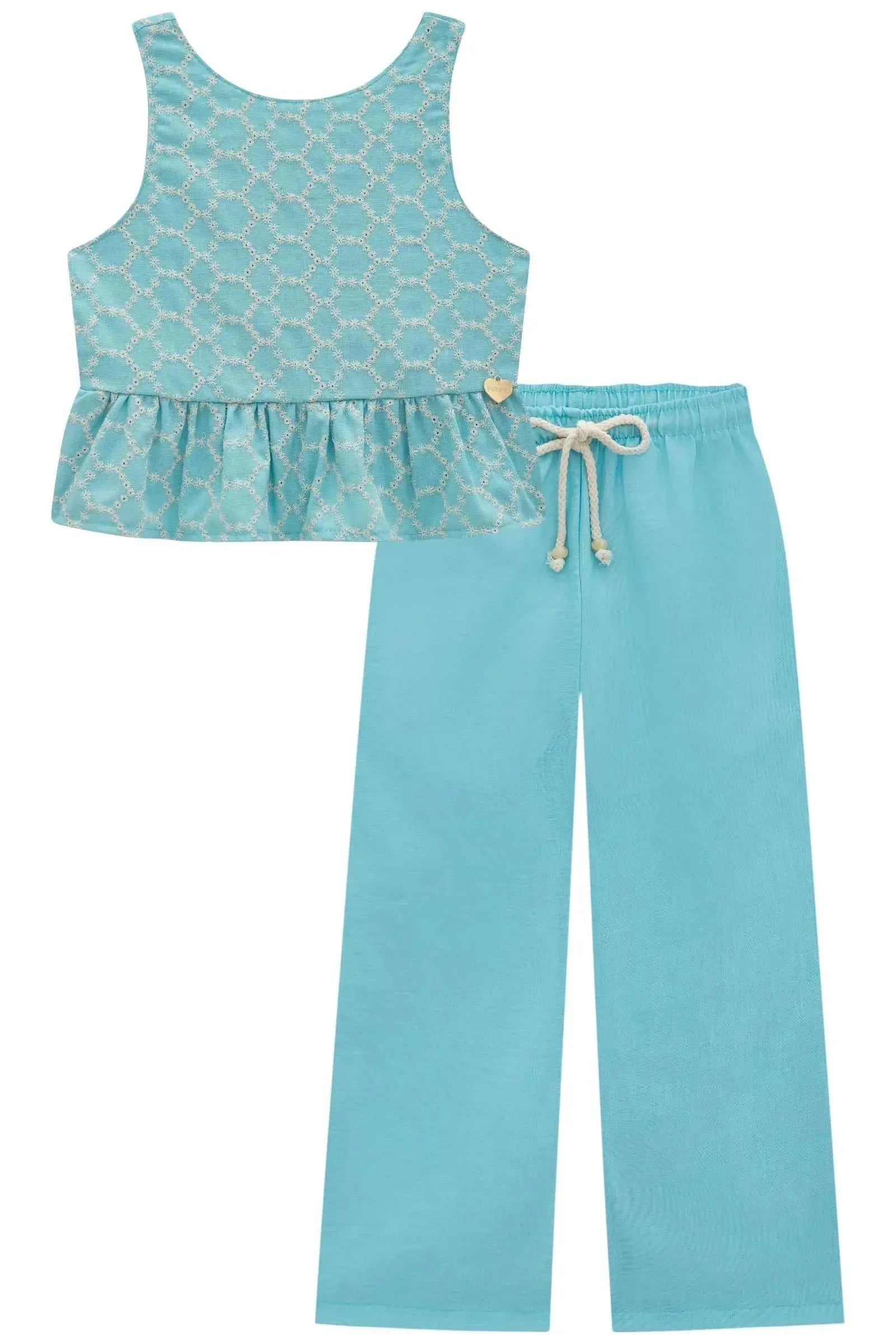 Conjunto de Bata em Linho Bordado e Calça Mariner em Tecido Linho 97017 Infanti Infantil Menina