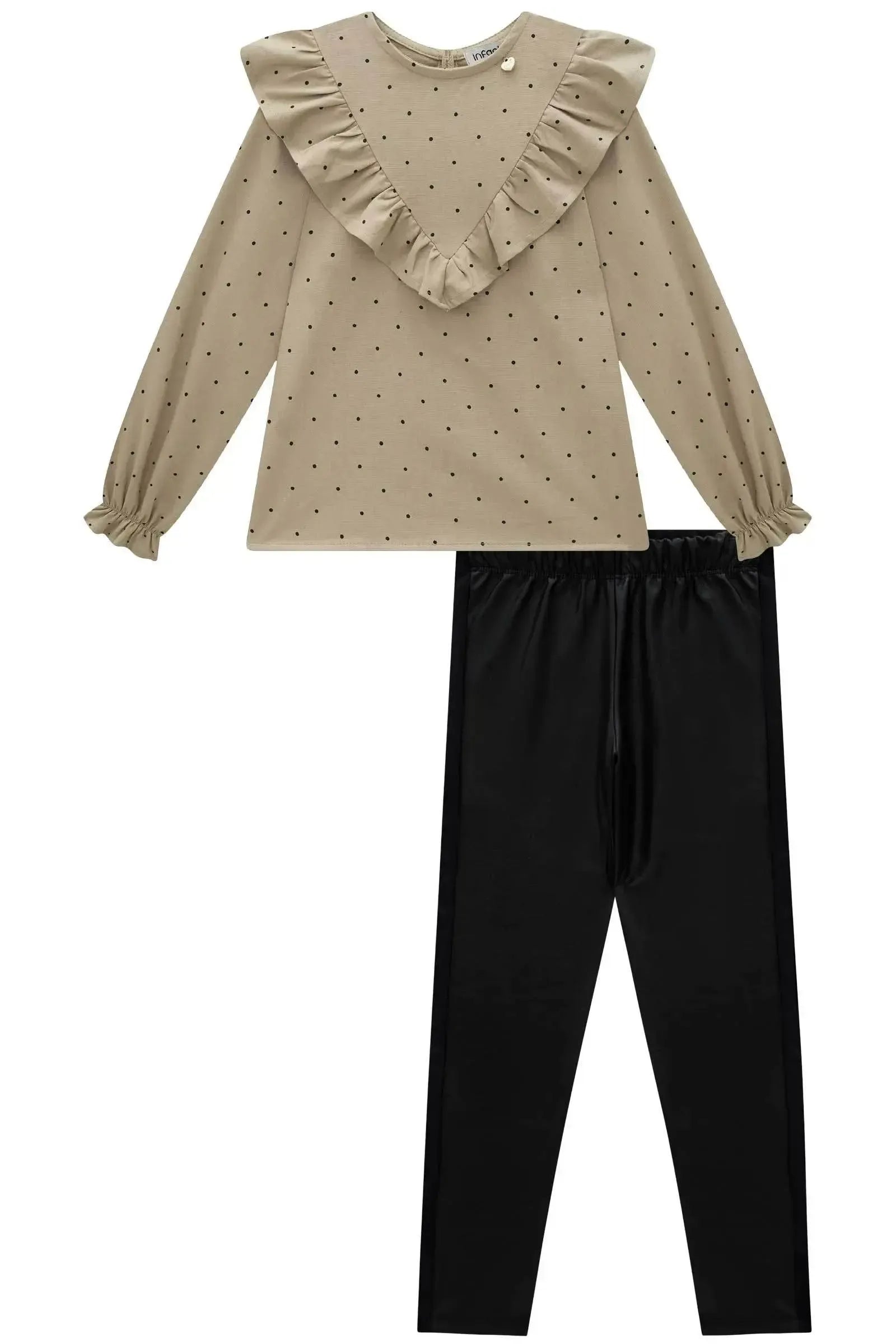 Conjunto de Bata em Linho com Elastano e Calça Legging em Couro Sintético e Termoskin 90480 Infanti Infantil Menina