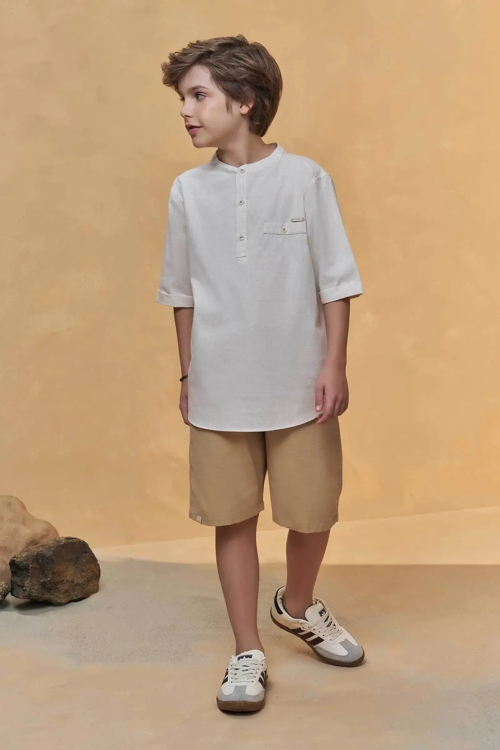 Conjunto de Bata em Linho Deluxe e Bermuda em Linho Santorine com Elastano 95751 Johnny Fox Teen Menino