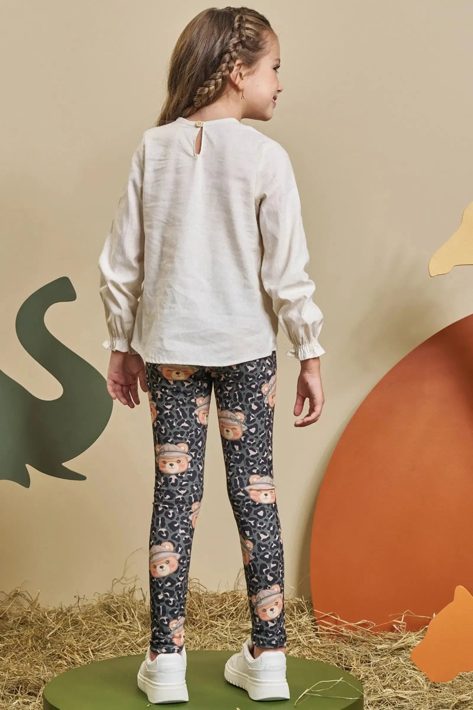 Conjunto de Bata em Linho e Calça Legging em Molecotton 90589 Kukiê Infantil Menina