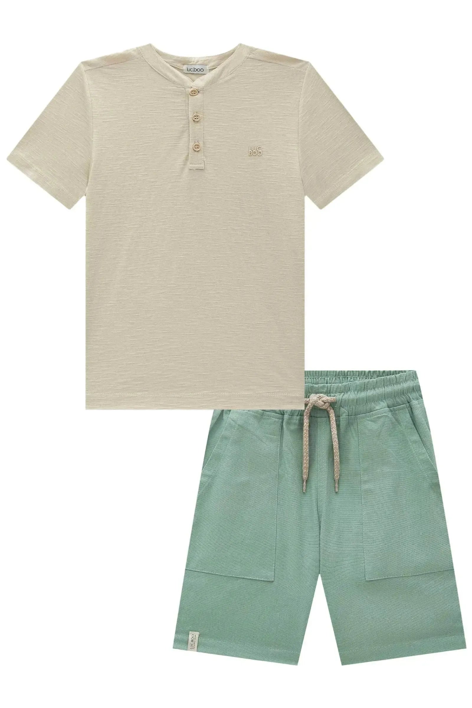 Conjunto de Bata em Malha Flamê e Bermuda em Linho Santorine com Elastano 92404 LucBoo Infantil Menino