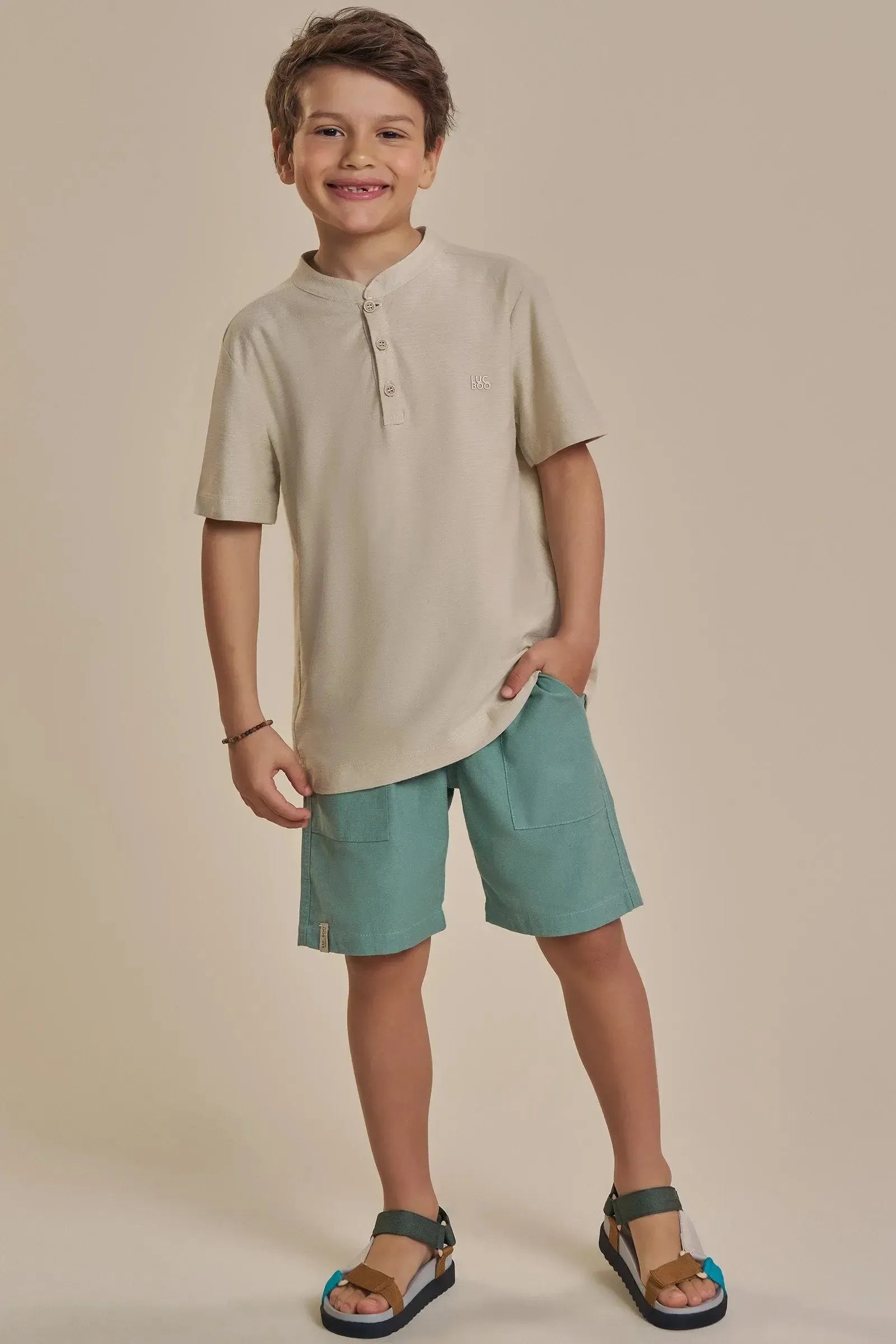 Conjunto de Bata em Malha Flamê e Bermuda em Linho Santorine com Elastano 92404 LucBoo Infantil Menino