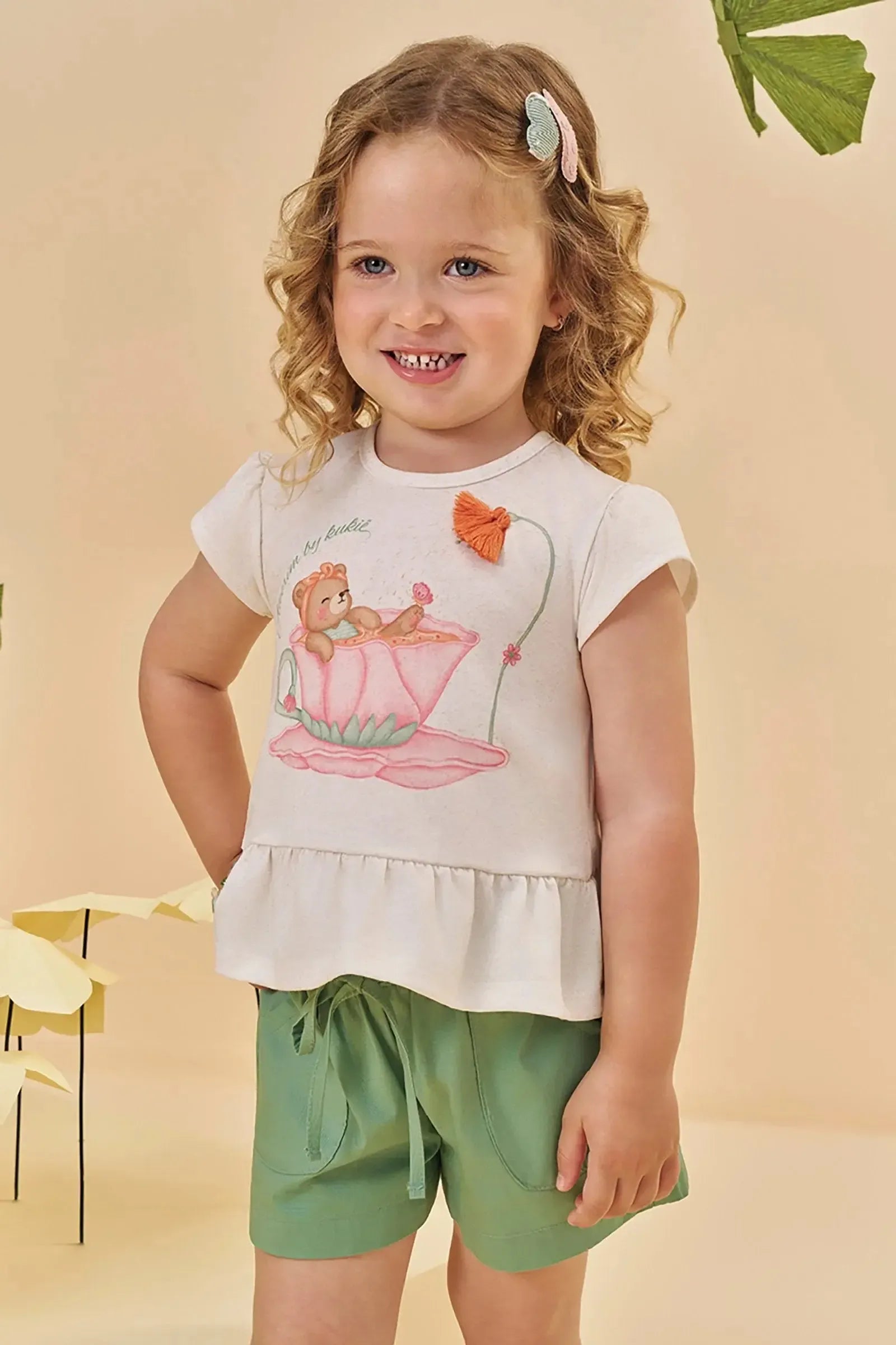 Conjunto de Bata em Malha Fresh e Shorts em Tricoline com Elastano 95262 Kukiê Infantil Menina