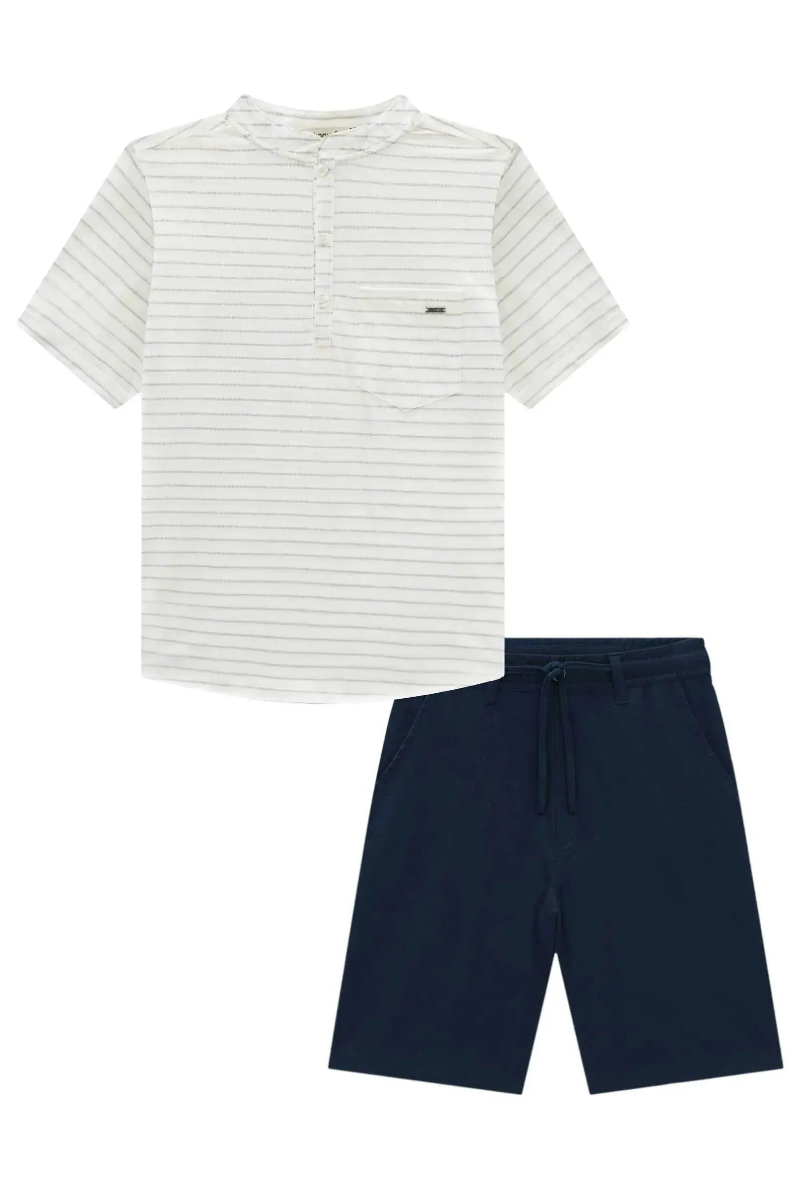 Conjunto de Bata em Malha Pontilhada e Bermuda em Linho Santorine com Elastano 95695 Johnny Fox Teen Menino