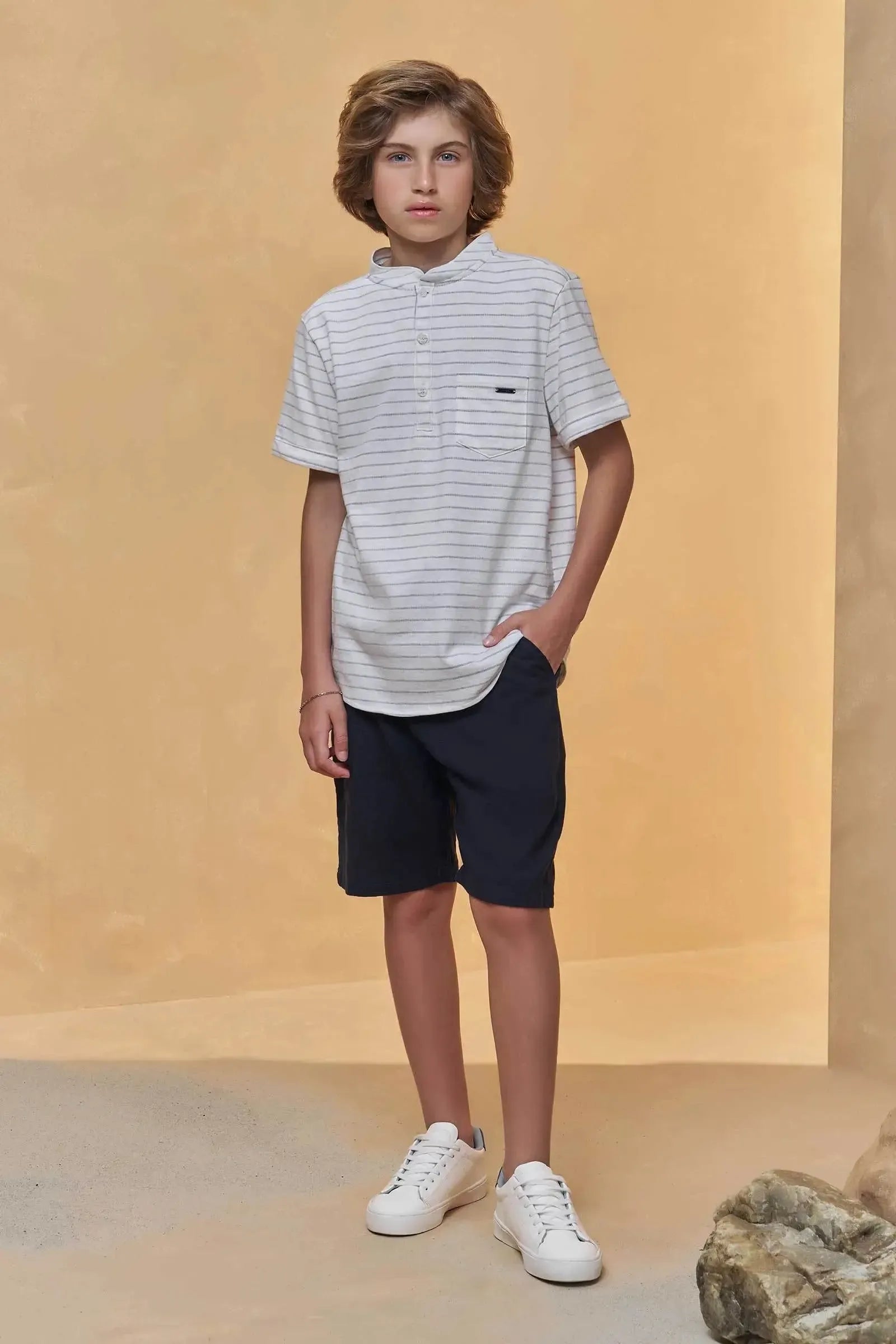 Conjunto de Bata em Malha Pontilhada e Bermuda em Linho Santorine com Elastano 95695 Johnny Fox Teen Menino