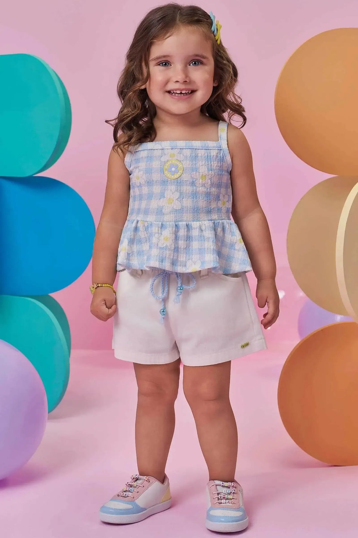 Conjunto de Bata em Malha Textura e Shorts em Sarja com Elastano 98299 Kukiê Infantil Menina