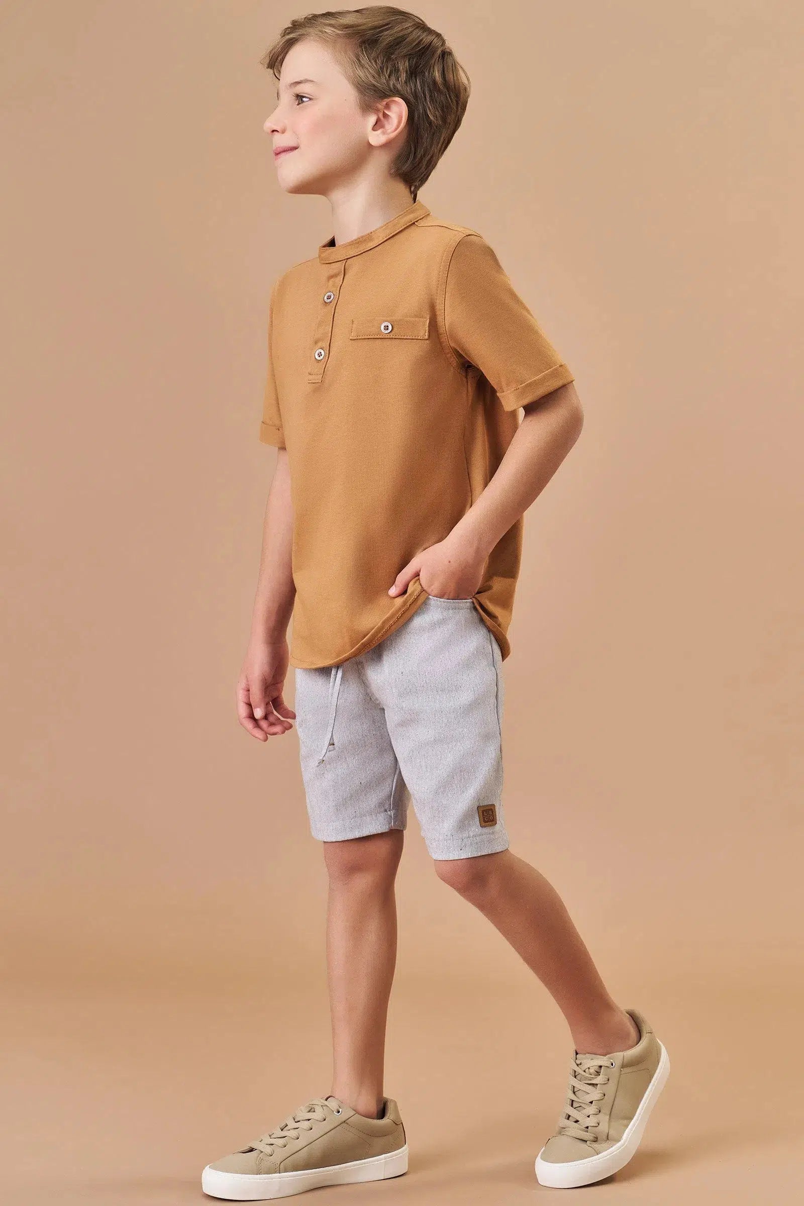 Conjunto Infantil Menino de Bata em Meia Malha e Bermuda em Tecido Eco com Elastano 81744 LucBoo