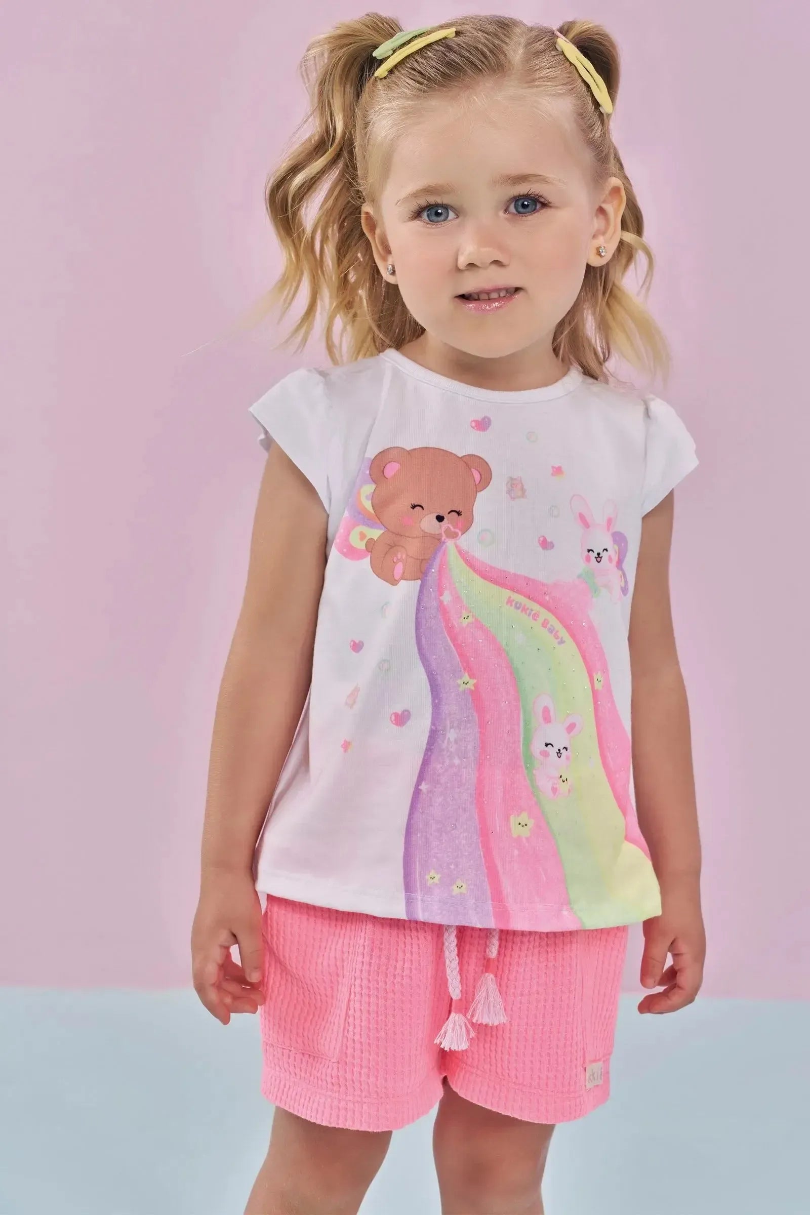 Conjunto de Bata em Meia Malha e Shorts em Malha Big Waffle 87263 Kukiê Bebê Menina