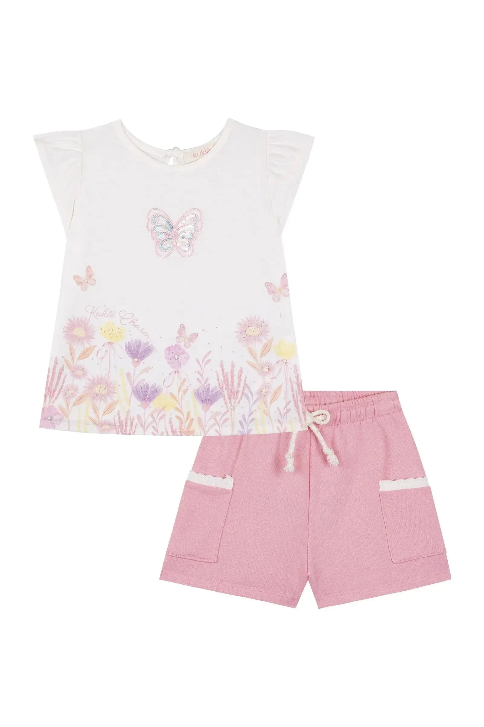 Conjunto de Bata em Meia Malha e Shorts em Moletom sem Pelúcia 87861 Kukiê Bebê Menina