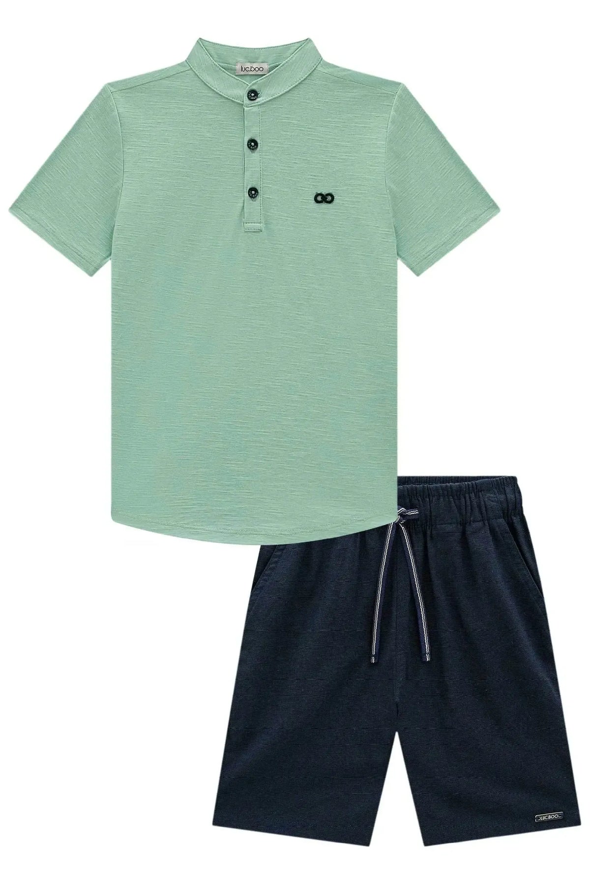 Conjunto de Bata em Meia Malha Flamê e Bermuda em Linho Santorine com Elastano 97963 LucBoo Infantil Menino
