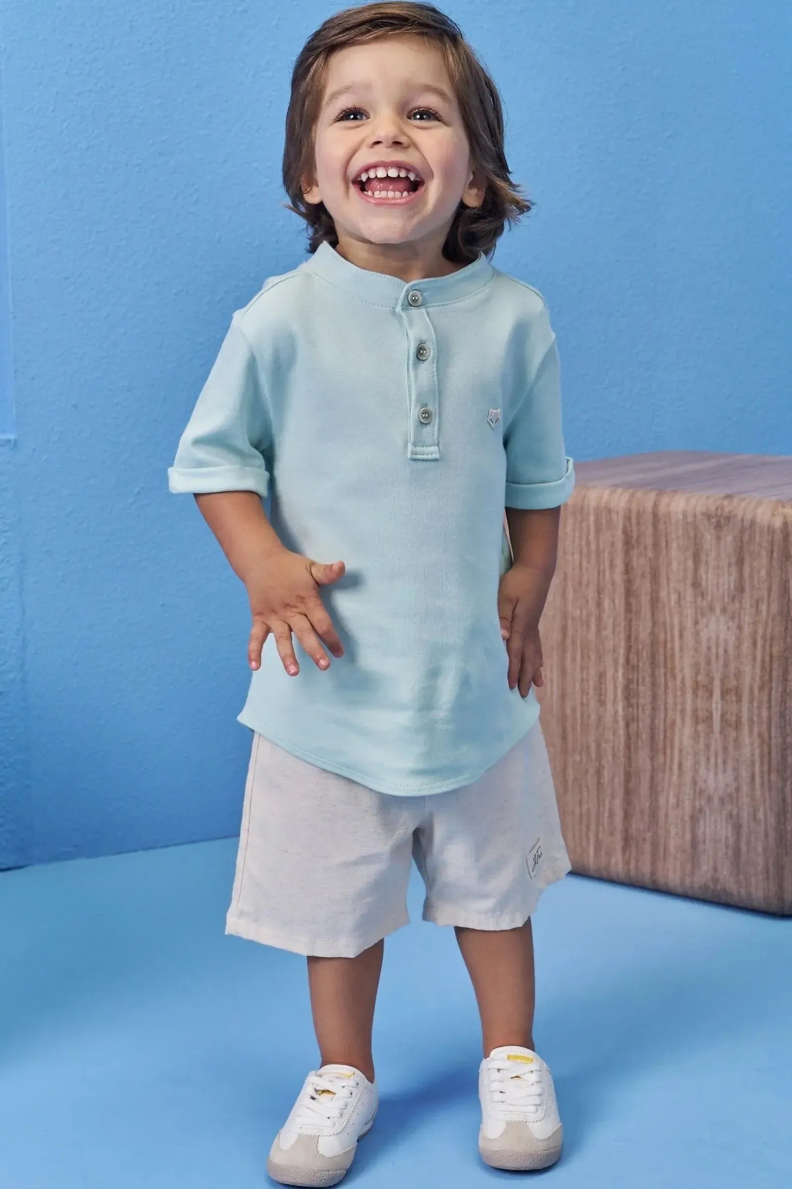 Conjunto de Bata em Suedine e Bermuda em Linho Santorine com Elastano 99364 Johnny Fox Teen Menino
