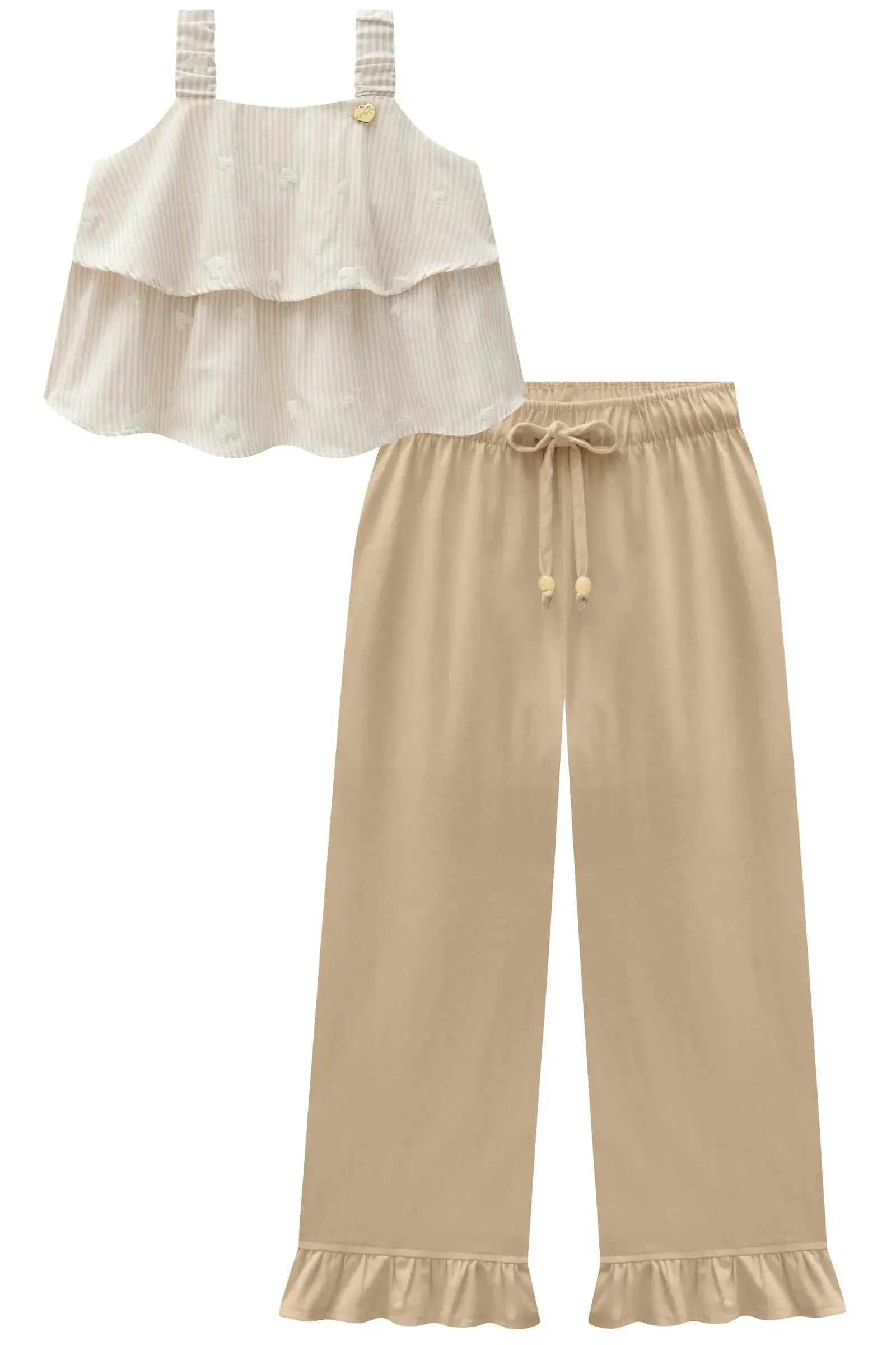 Conjunto de Bata em Tricoline Bordado e Calça Mariner em Sarja com Elastano 97090 Infanti Infantil Menina