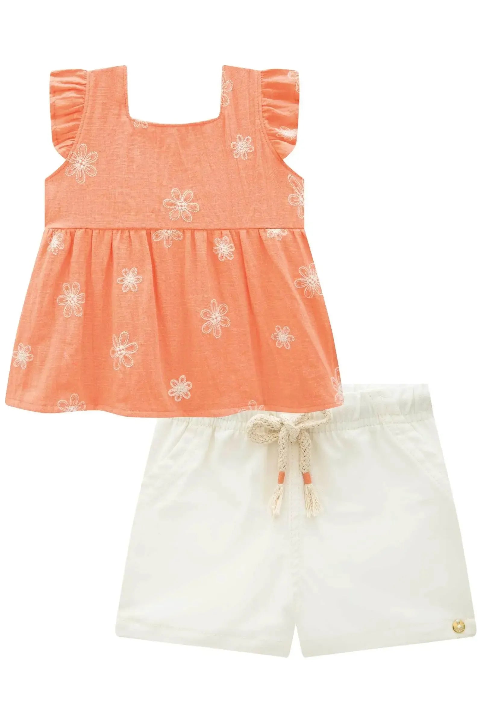 Conjunto de Bata em Tricoline Bordado e Shorts em Sarja com Elastano 87024 Infanti Bebê Menina