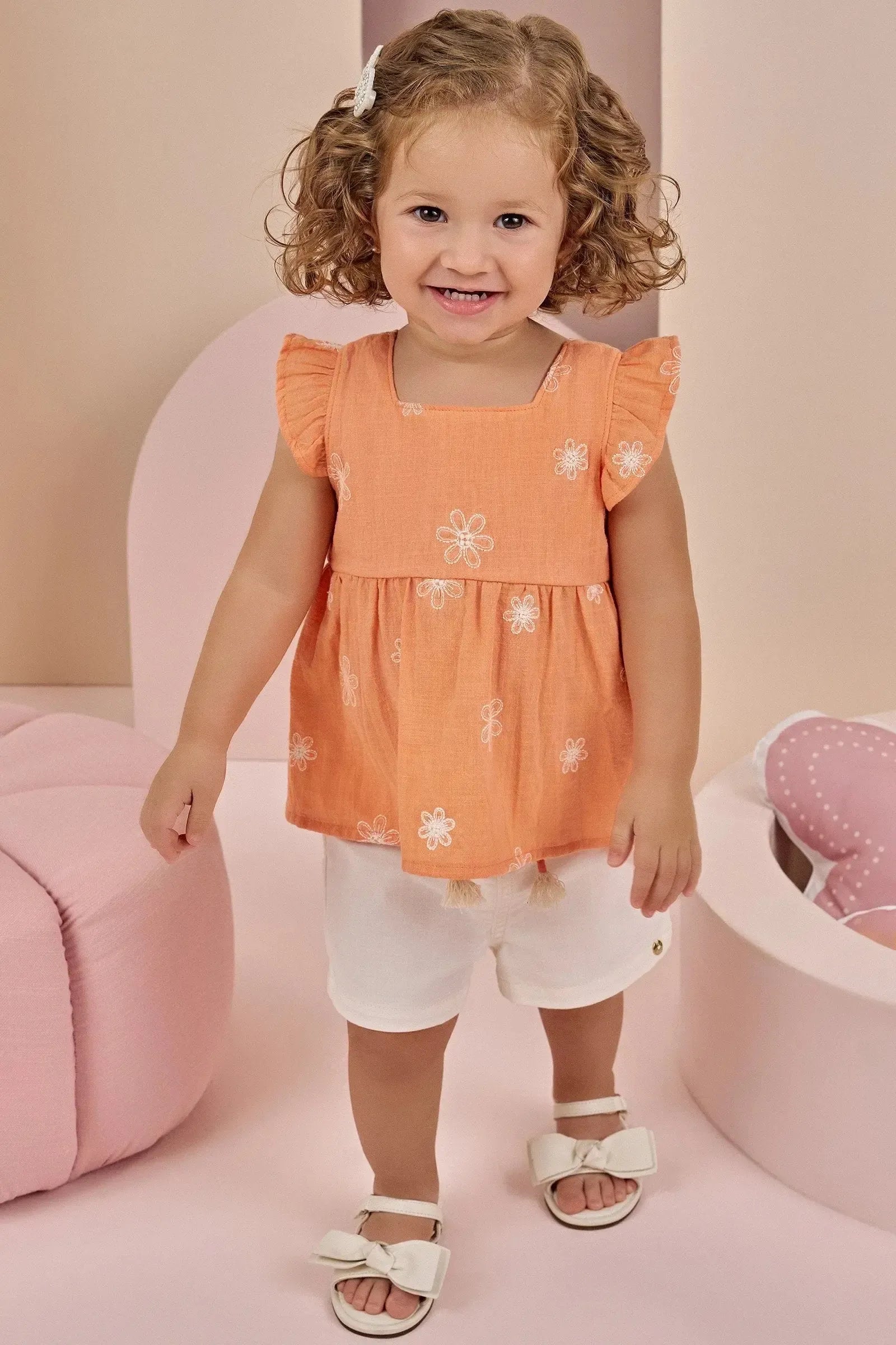 Conjunto de Bata em Tricoline Bordado e Shorts em Sarja com Elastano 87024 Infanti Bebê Menina