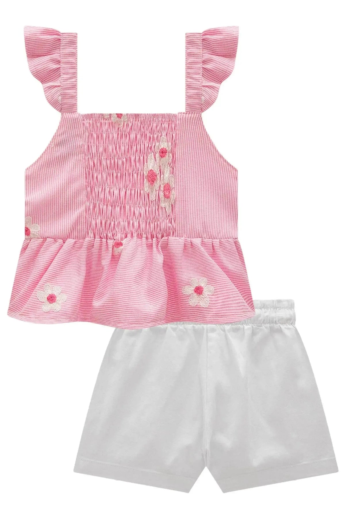 Conjunto de Bata em Tricoline Bordado Flores com Shorts em Sarja com Elastano 98906 Infanti Infantil Menina