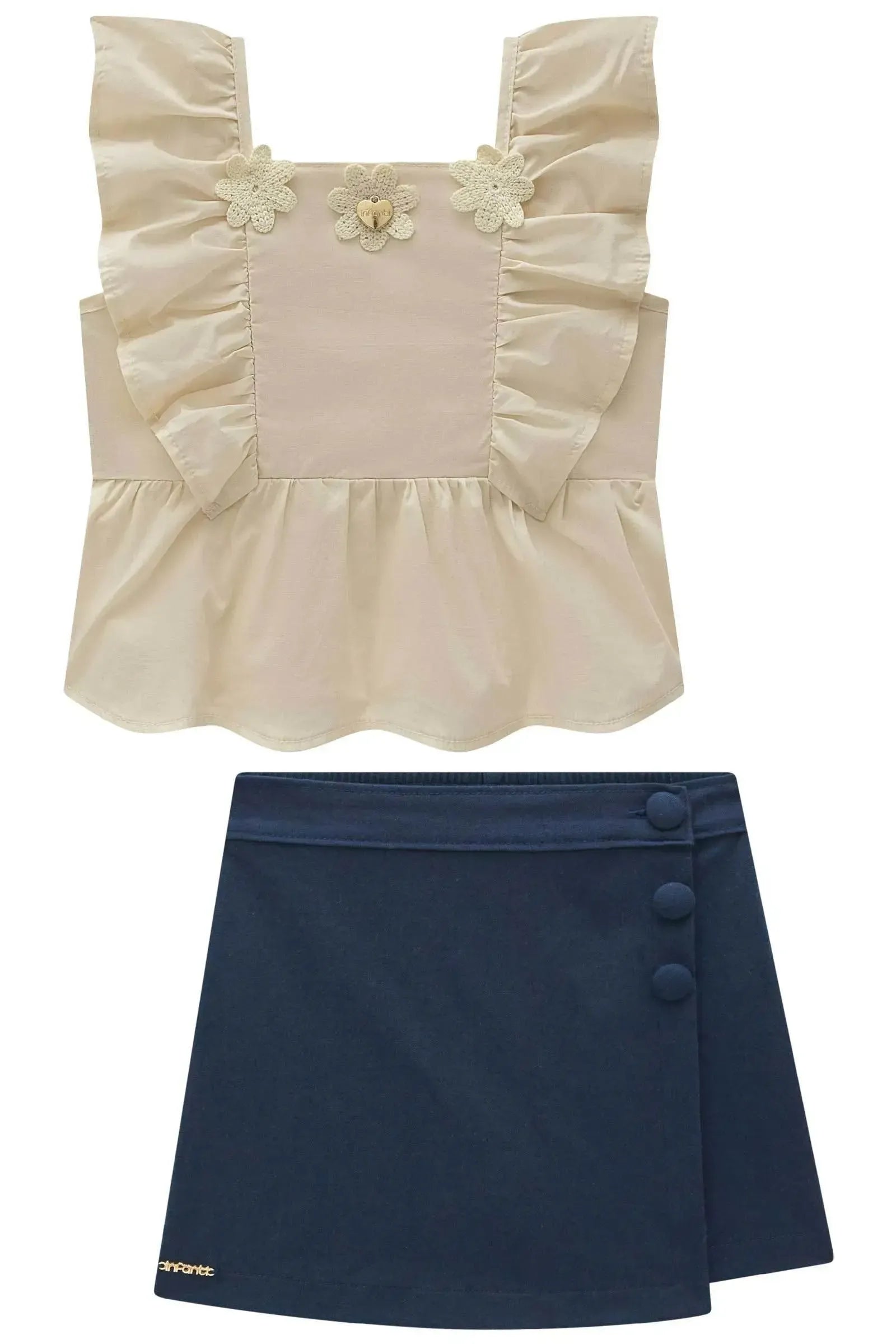 Conjunto de Bata em Tricoline com Elastano e Short Saia em Sarja com Elastano 97093 Infanti Infantil Menina