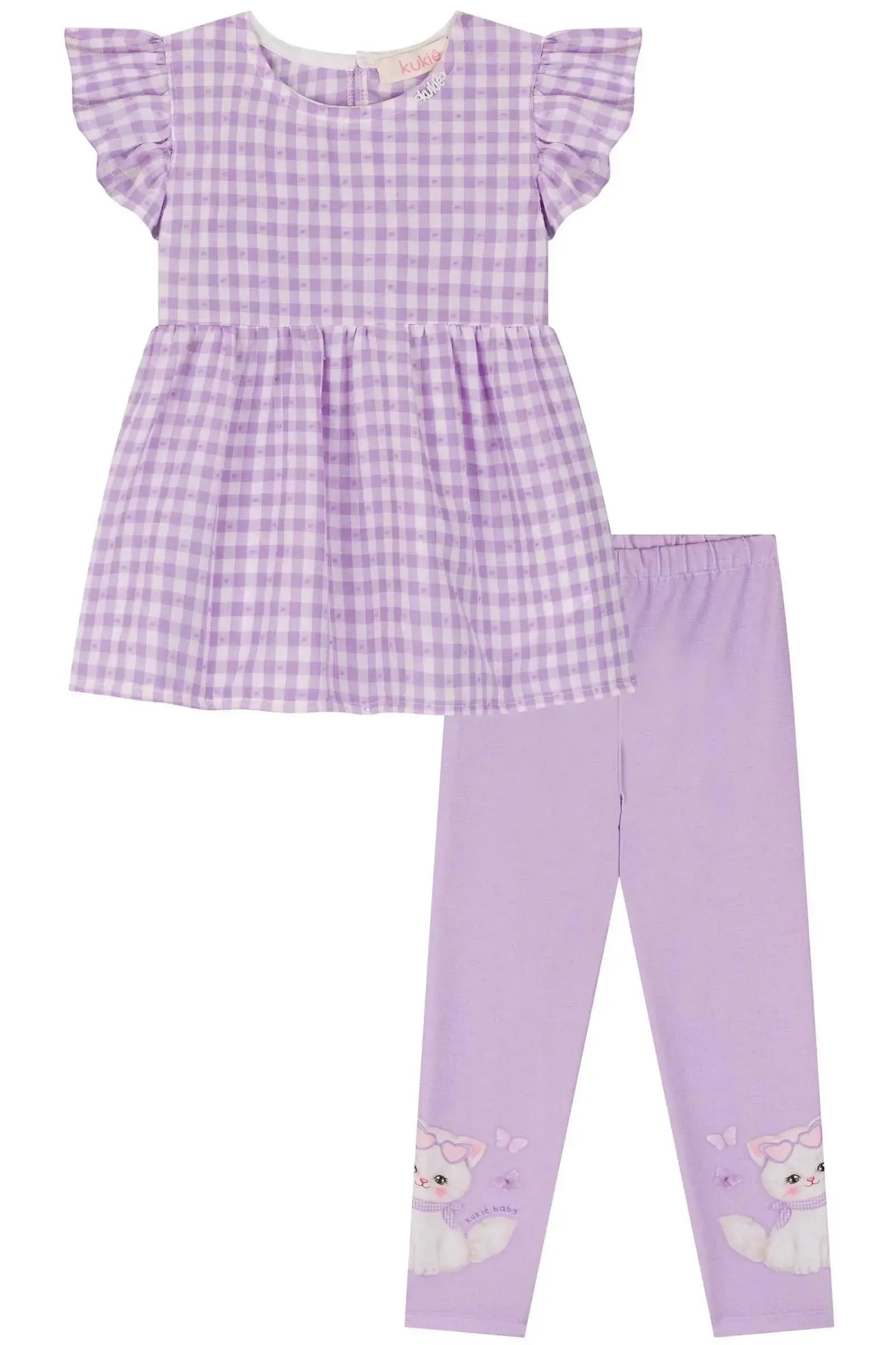 Conjunto de Bata em Xadrez Vichy e Calça Legging em Malha Power 85598 Kukiê Bebê Menina