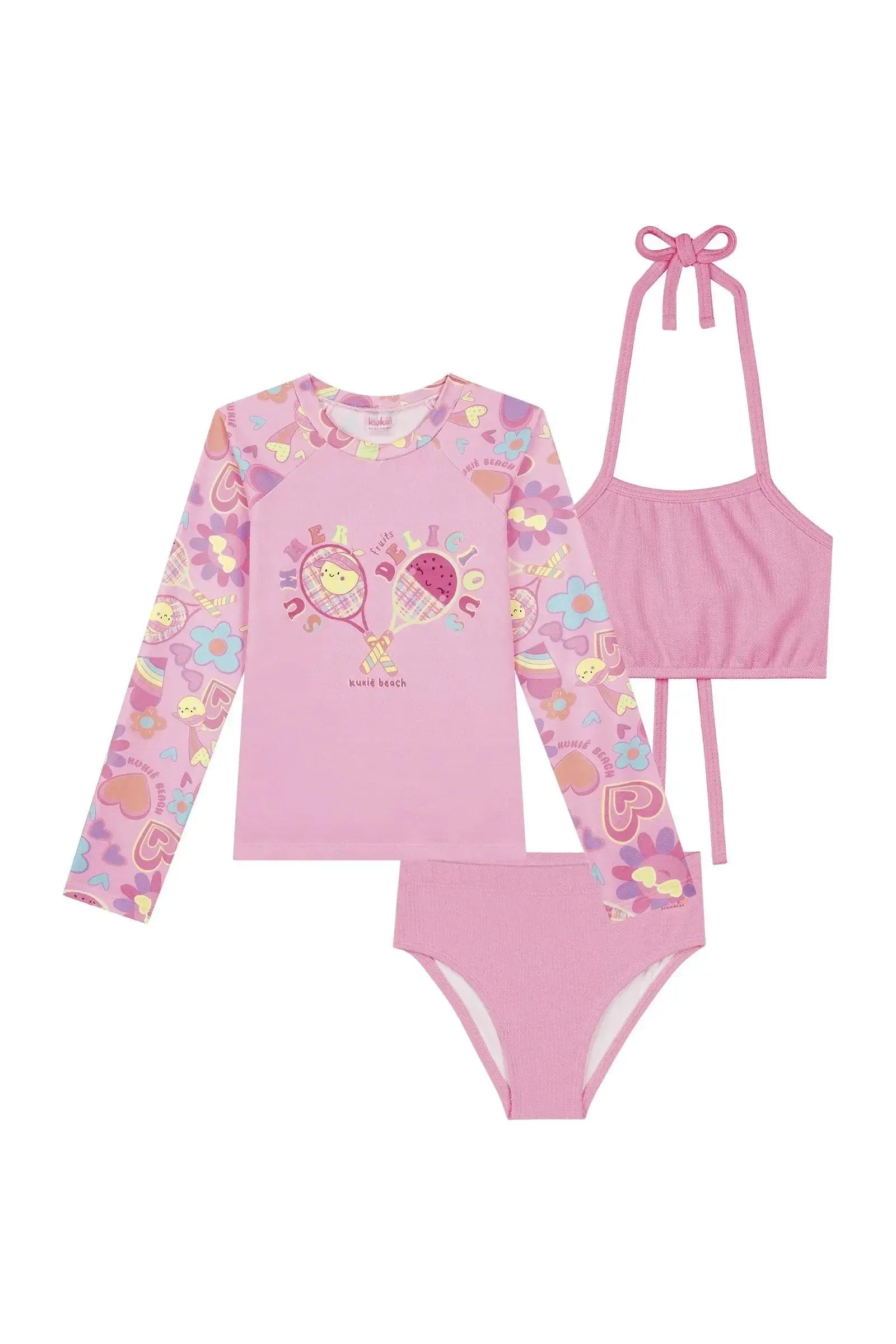 Conjunto de Biquíni em Malha Textura e Blusa em Malha com Proteção UV50+ 87737 Kukiê Infantil Menina
