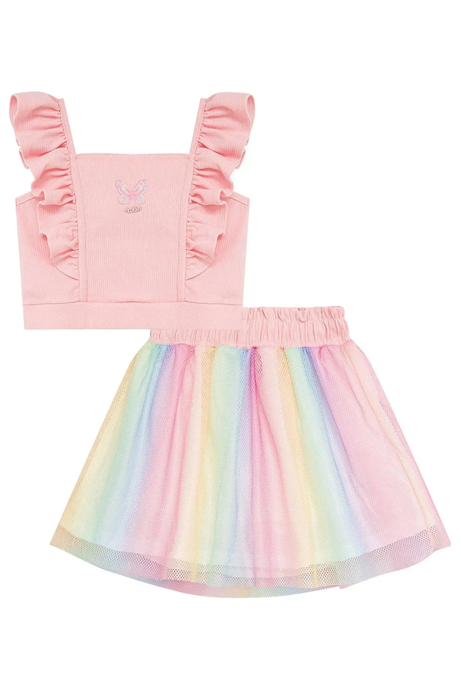 Conjunto de Blusa em Canelado e Saia em Tela (com Shorts Embutido) 96597 Kukiê Infantil Menina