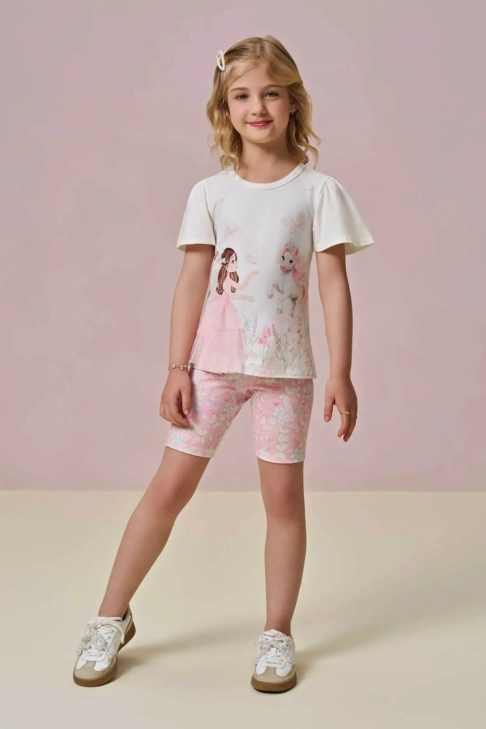Conjunto de Blusa Alongada em Cotton e Bermuda Biker em Malha Power 96646 Infanti Infantil Menina