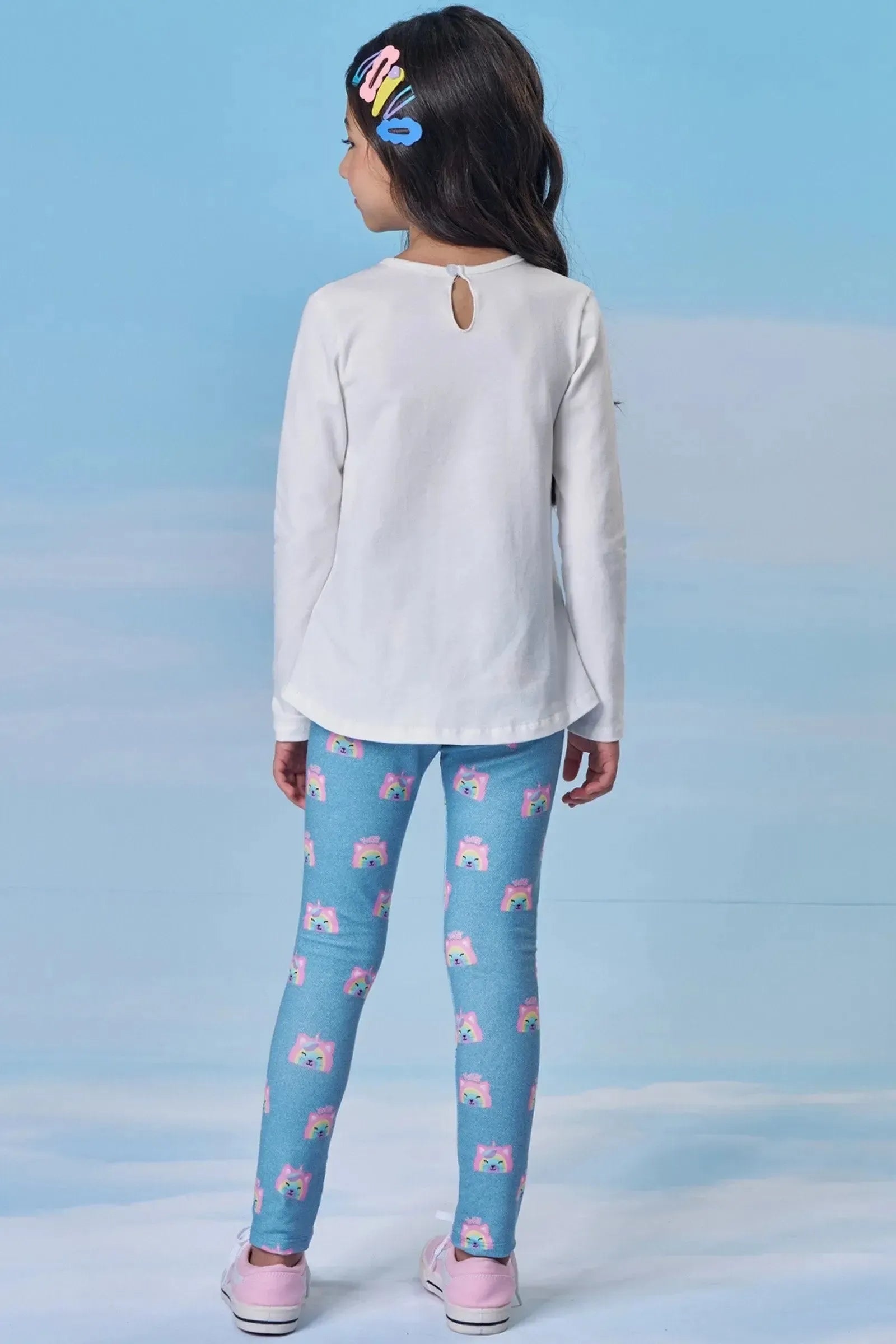 Conjunto de Blusa Alongada em Cotton e Calça Legging em Molecotton 90164 Kukiê Infantil Menina