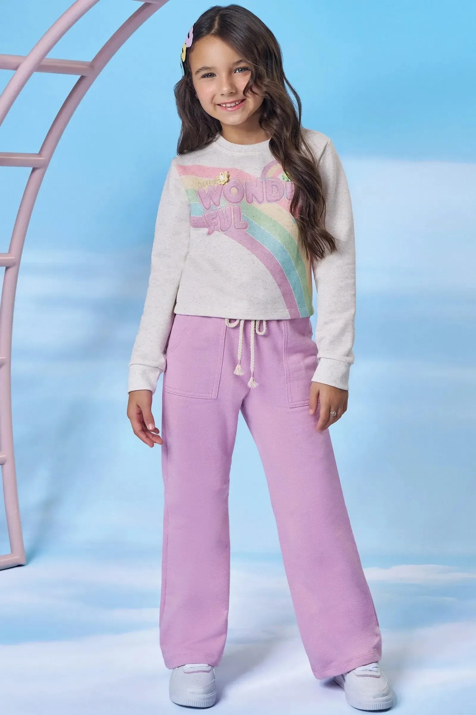 Conjunto de Blusa Boxy e Calça Wide Leg em Moletom sem Pelúcia 91706 Kukiê Infantil Menina