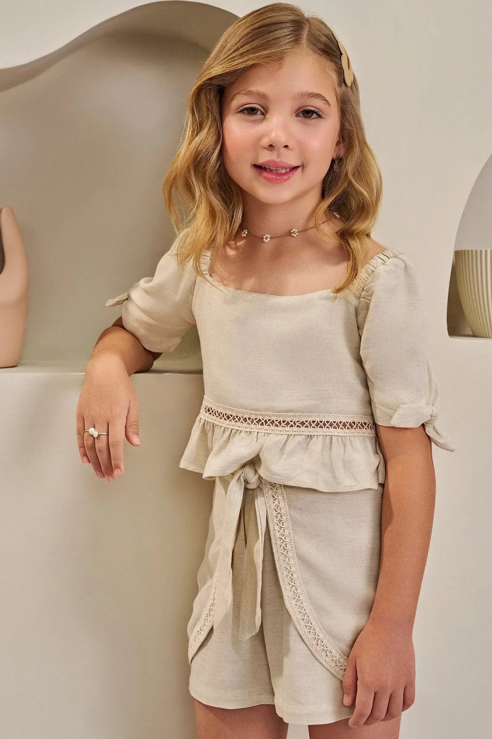 Conjunto de Blusa Boxy e Shorts em Blend de Viscose 84935 Infanti Infantil Menina