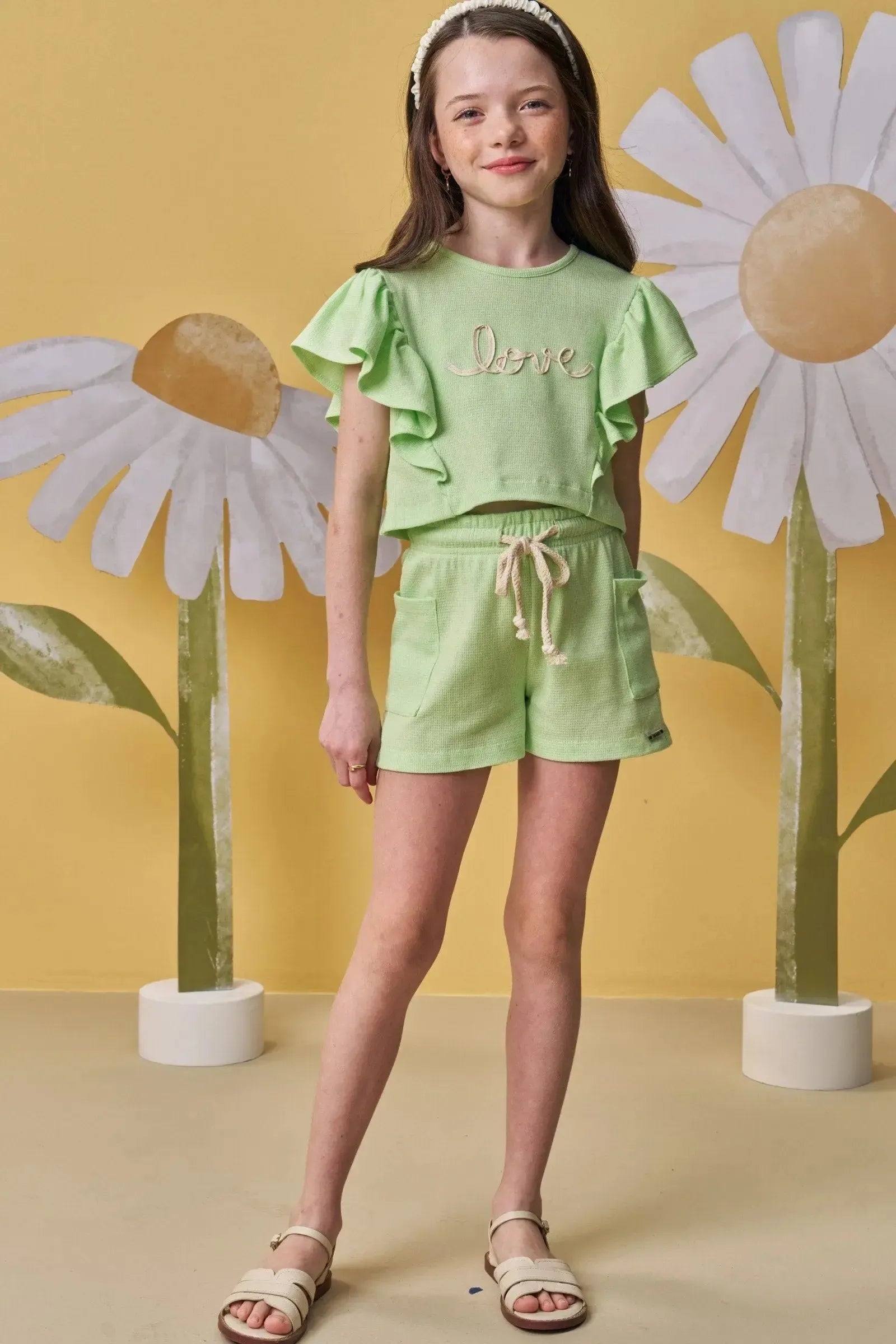 Conjunto de Blusa Boxy e Shorts em Malha Texturizada 88146 Infanti Infantil Menina