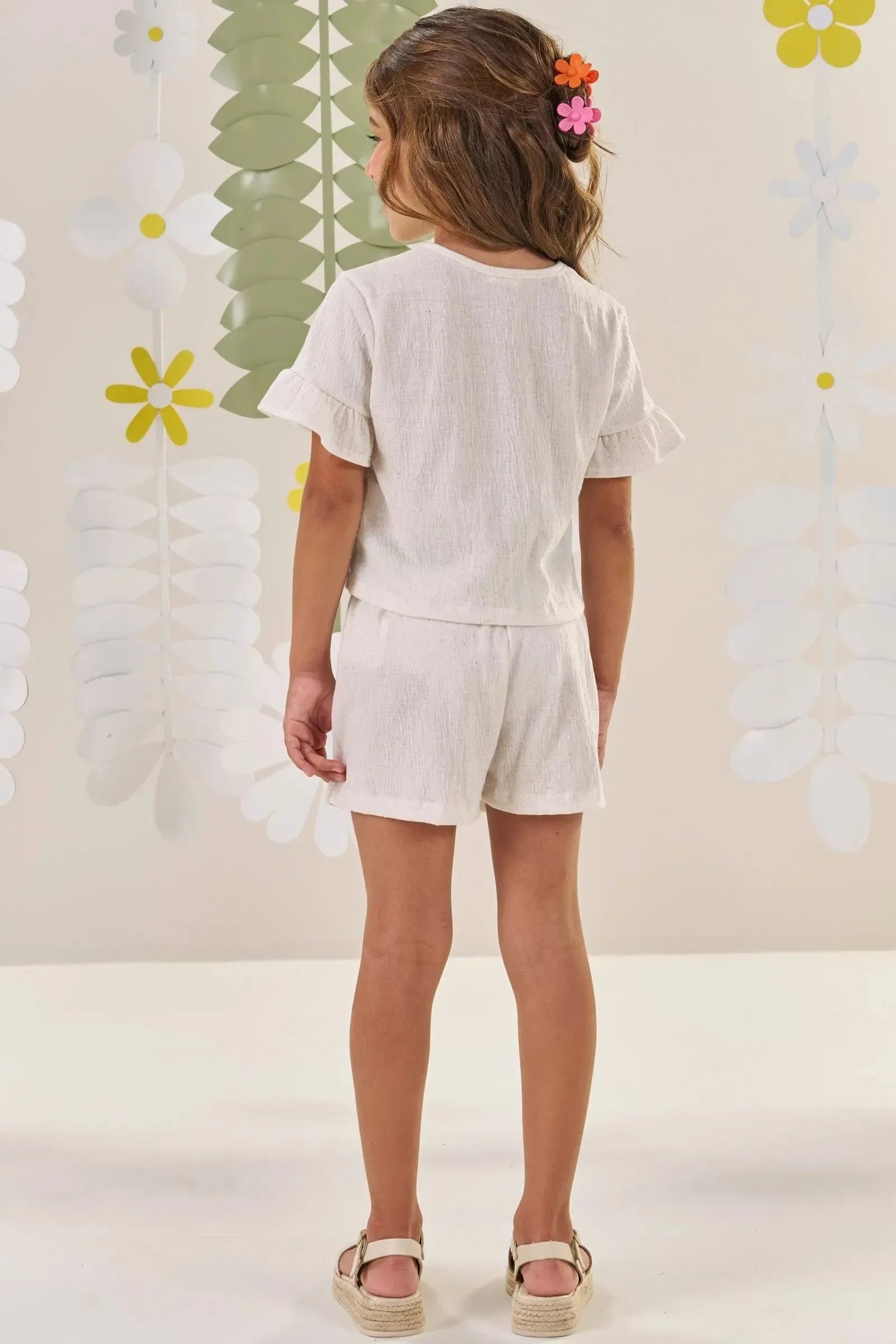 Conjunto de Blusa Boxy e Shorts em Malha Wave Linho 86508 Kukiê Infantil Menina