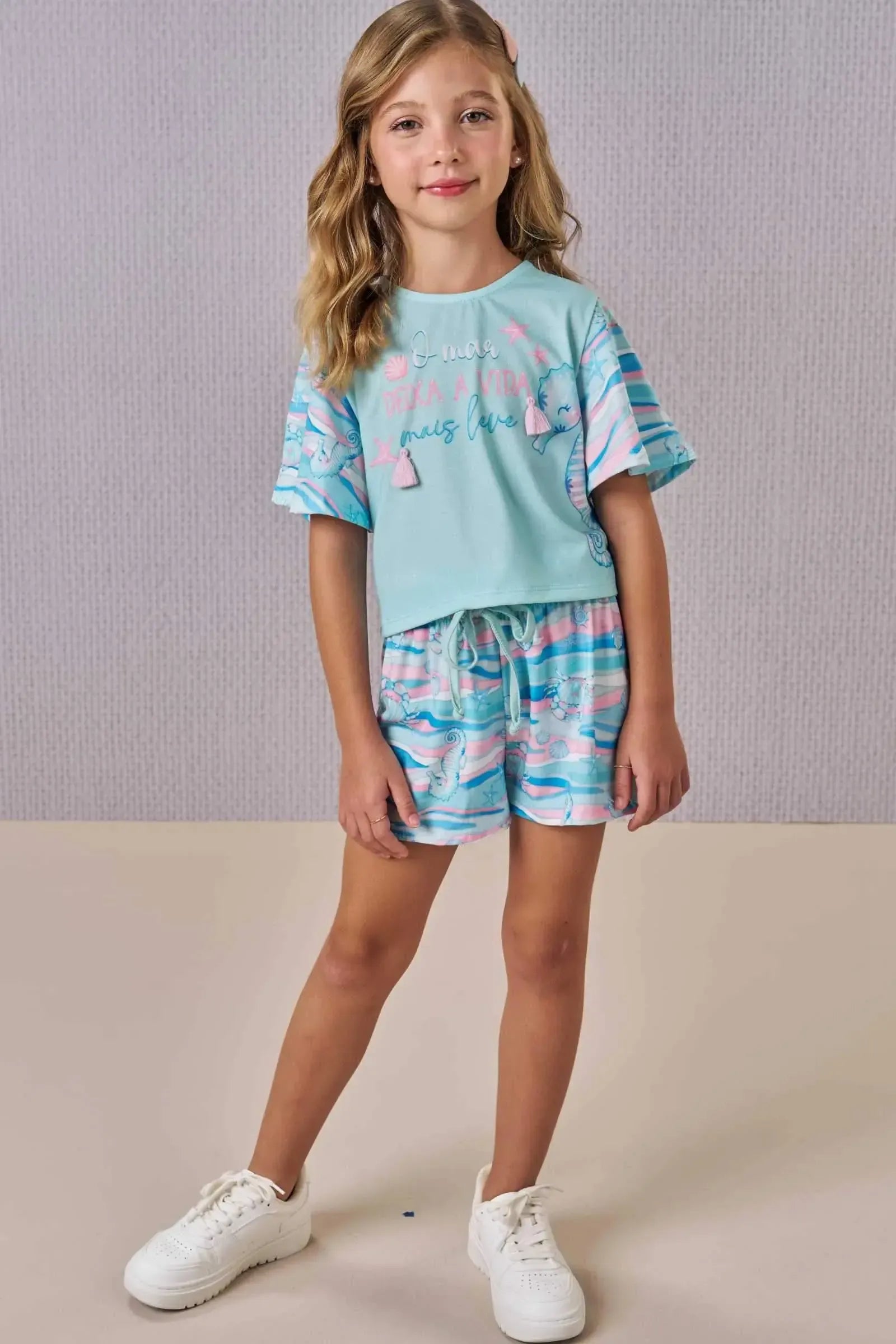 Conjunto de Blusa Boxy e Shorts em Meia Malha Fresh 88899 Infanti Infantil Menina