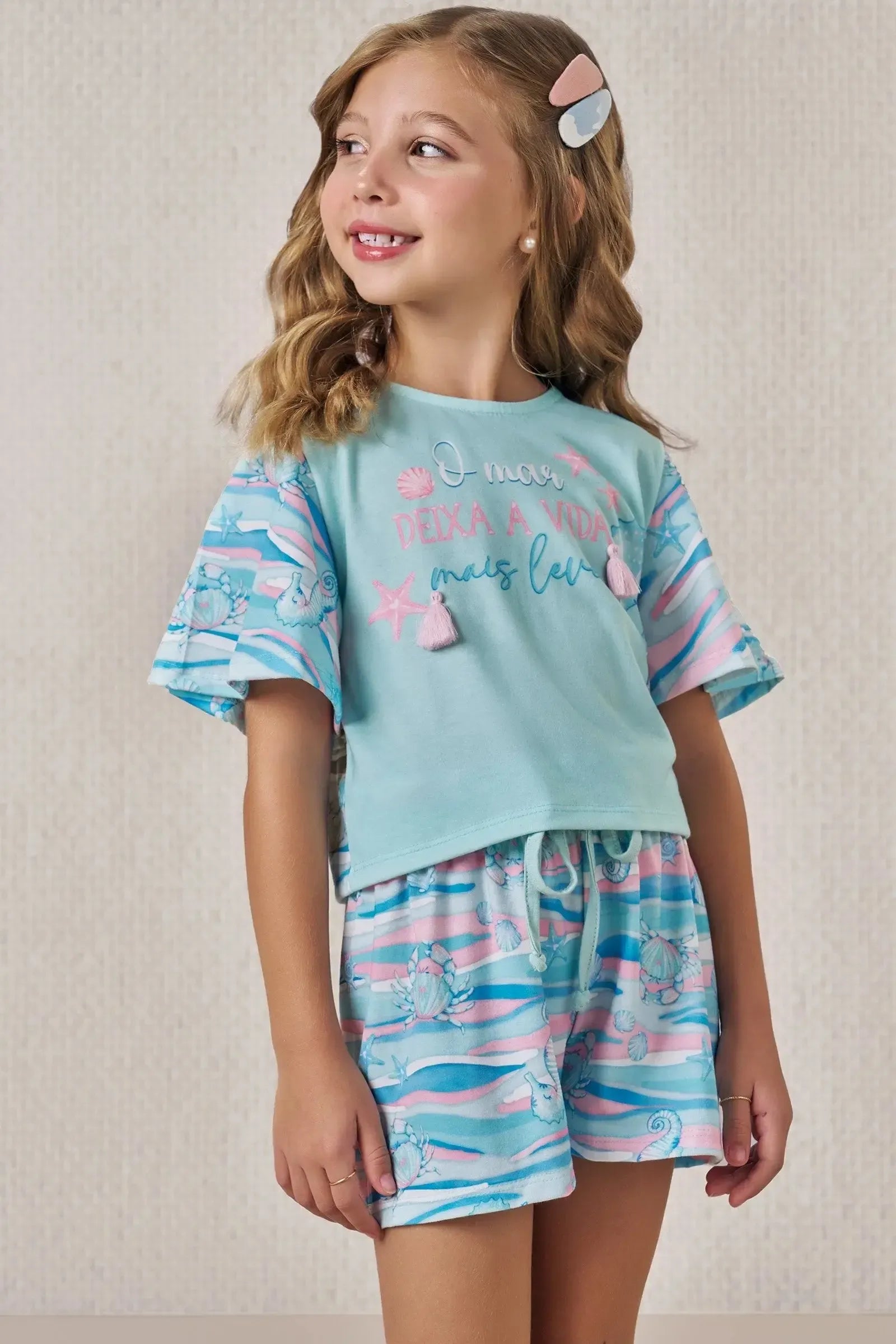 Conjunto de Blusa Boxy e Shorts em Meia Malha Fresh 88899 Infanti Infantil Menina