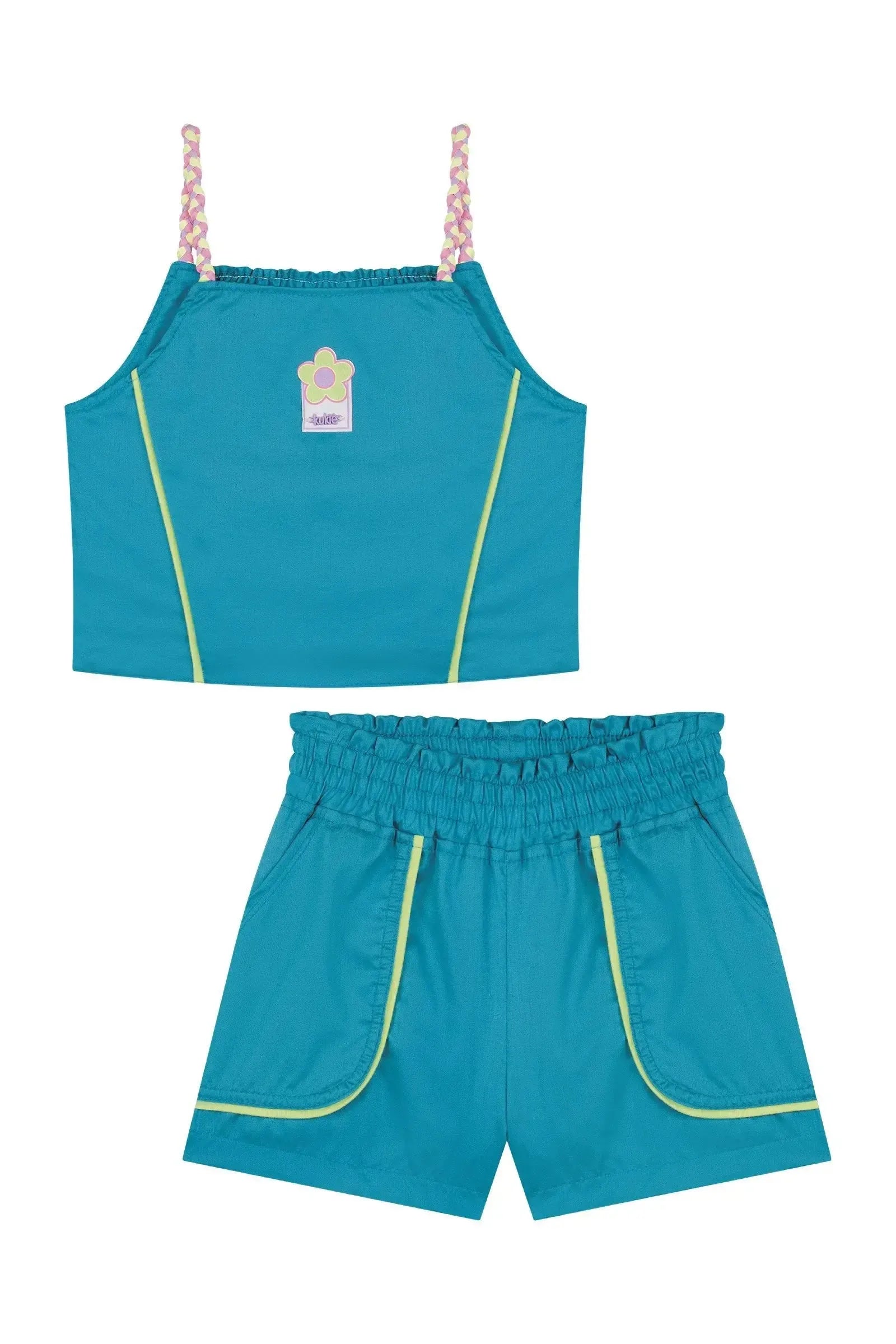 Conjunto de Blusa Boxy e Shorts em Tricoline Glow 88325 Kukiê Infantil Menina
