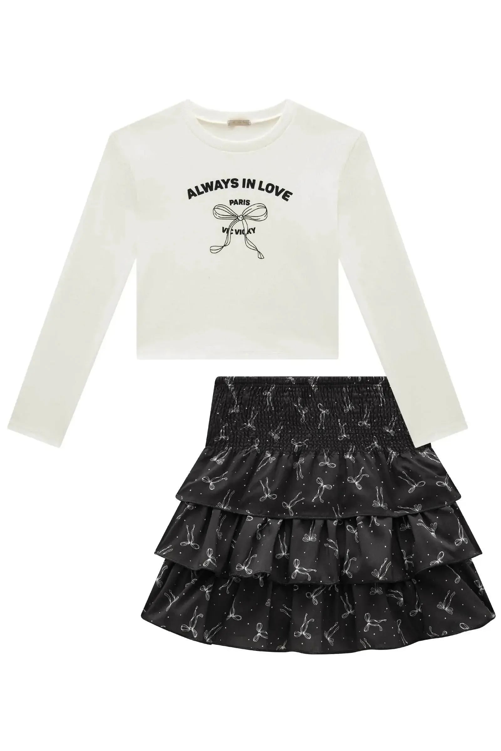 Conjunto de Blusa Boxy em Canelado e Saia Ruffles em Light Peach 91984 Vic&Vicky Teen Menina