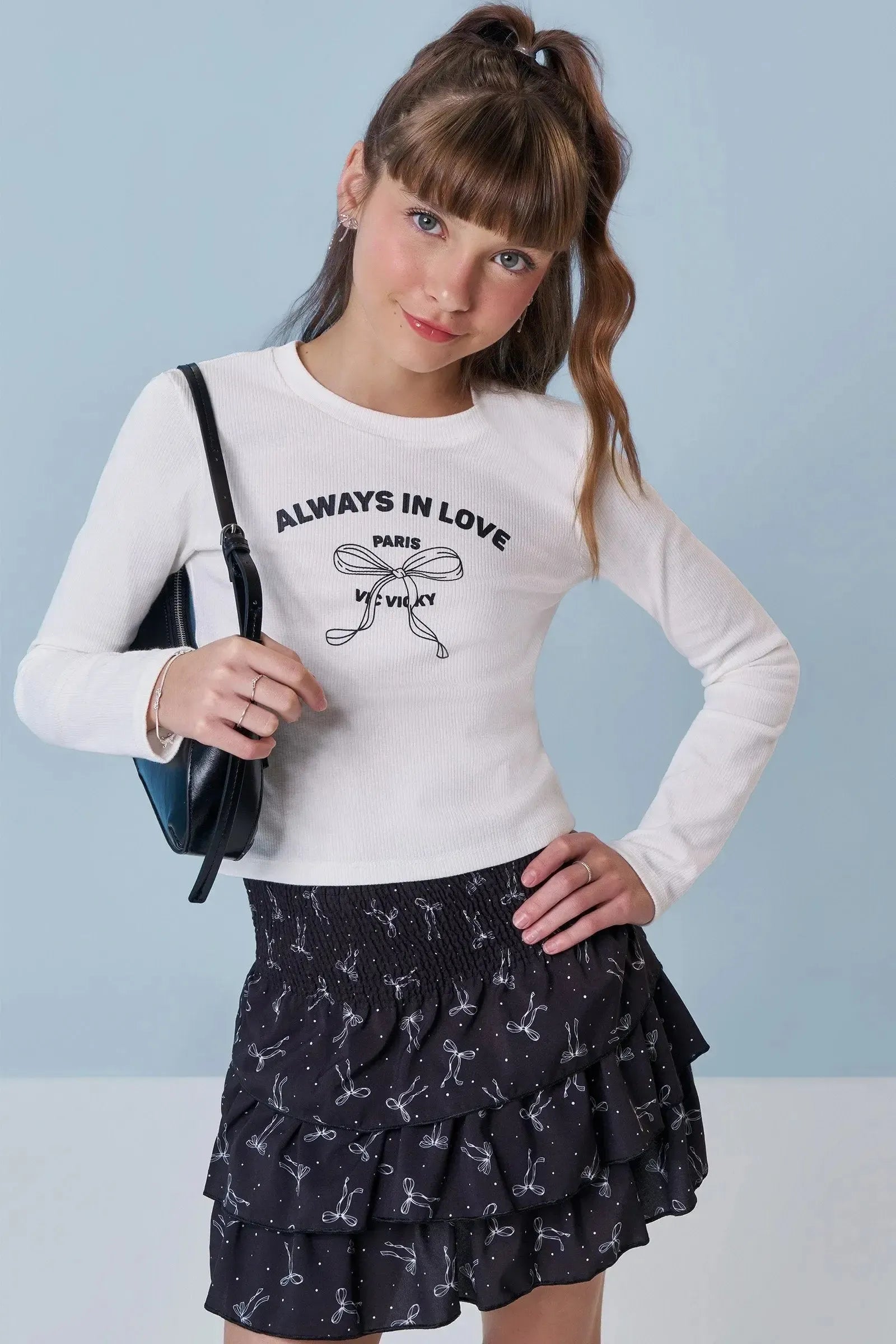 Conjunto de Blusa Boxy em Canelado e Saia Ruffles em Light Peach 91984 Vic&Vicky Teen Menina