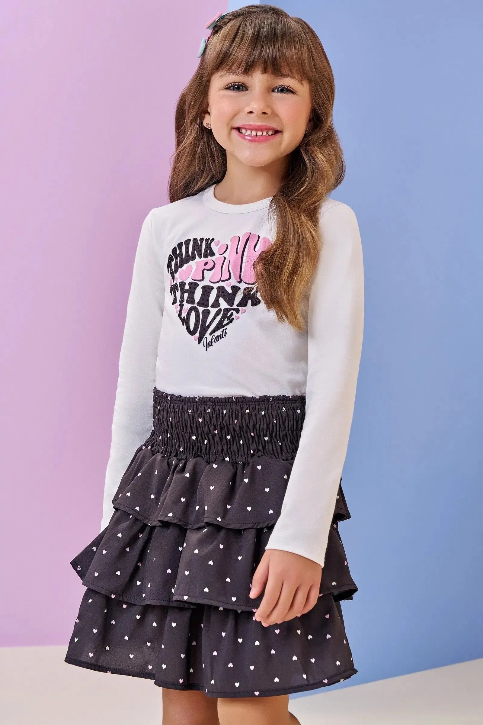 Conjunto de Blusa Boxy em Cotton e Saia em Light Peach. Com Shorts Embutido 92551 Infanti Infantil Menina