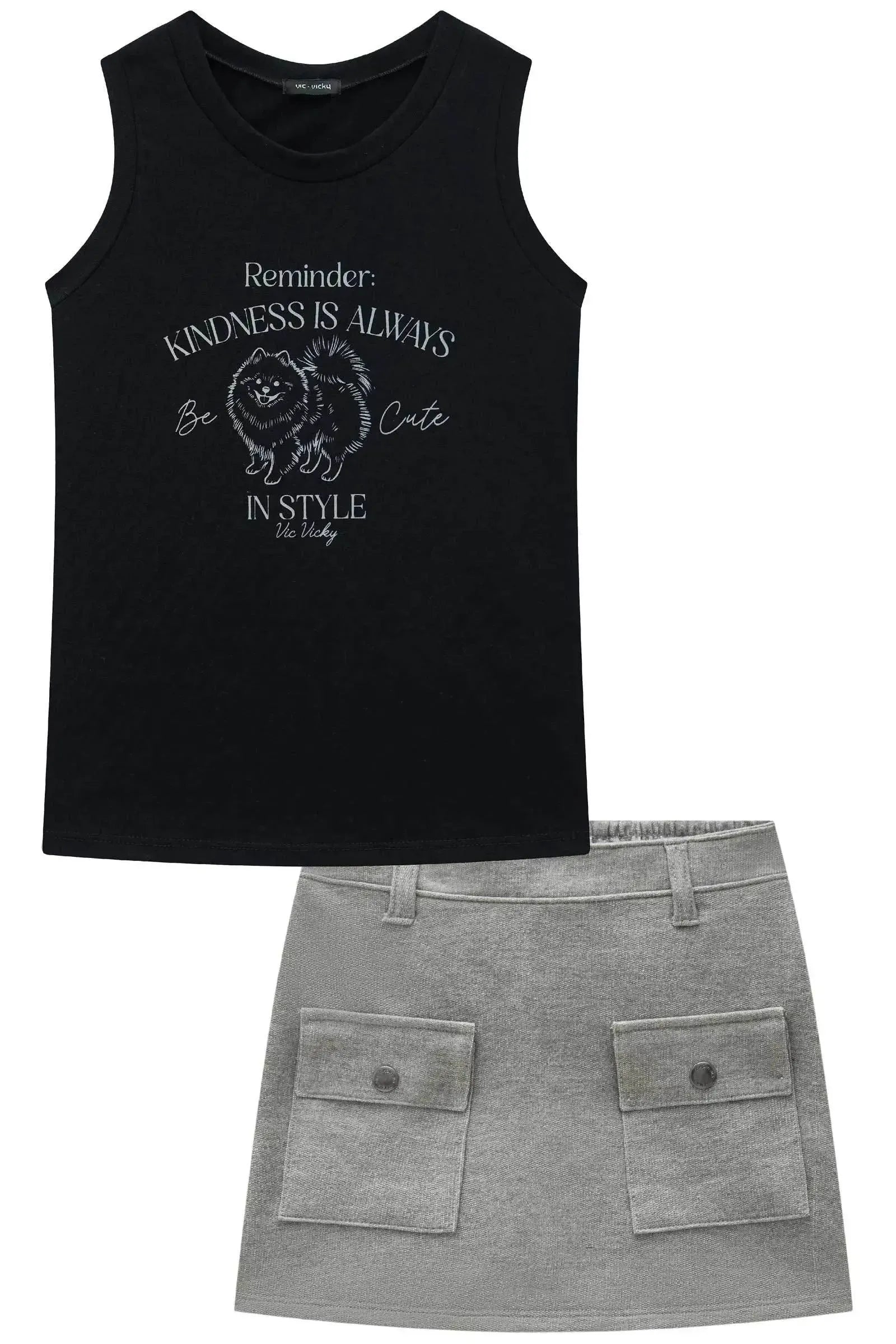 Conjunto de Blusa Boxy em Cotton e Short Saia em Moletom sem Pelúcia 93519 Vic&Vicky Teen Menina