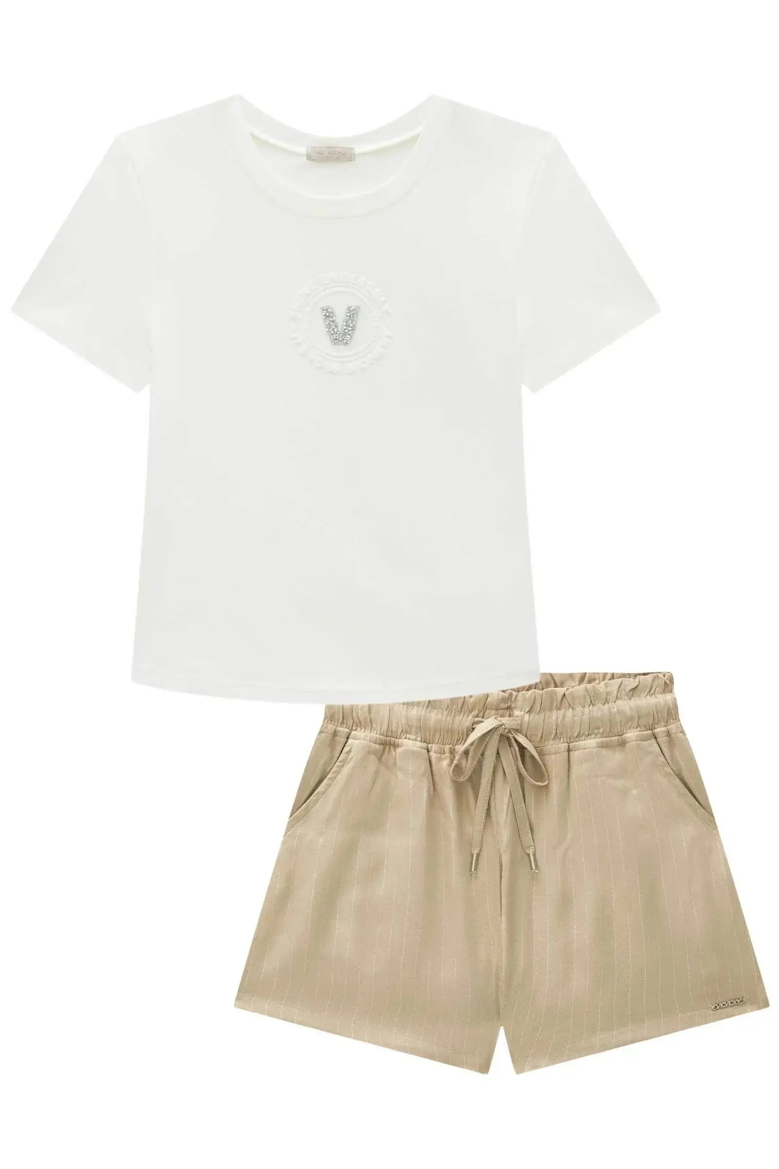 Conjunto de Blusa Boxy em Cotton e Shorts em Visco Shine 93476 Vic&Vicky Teen Menina