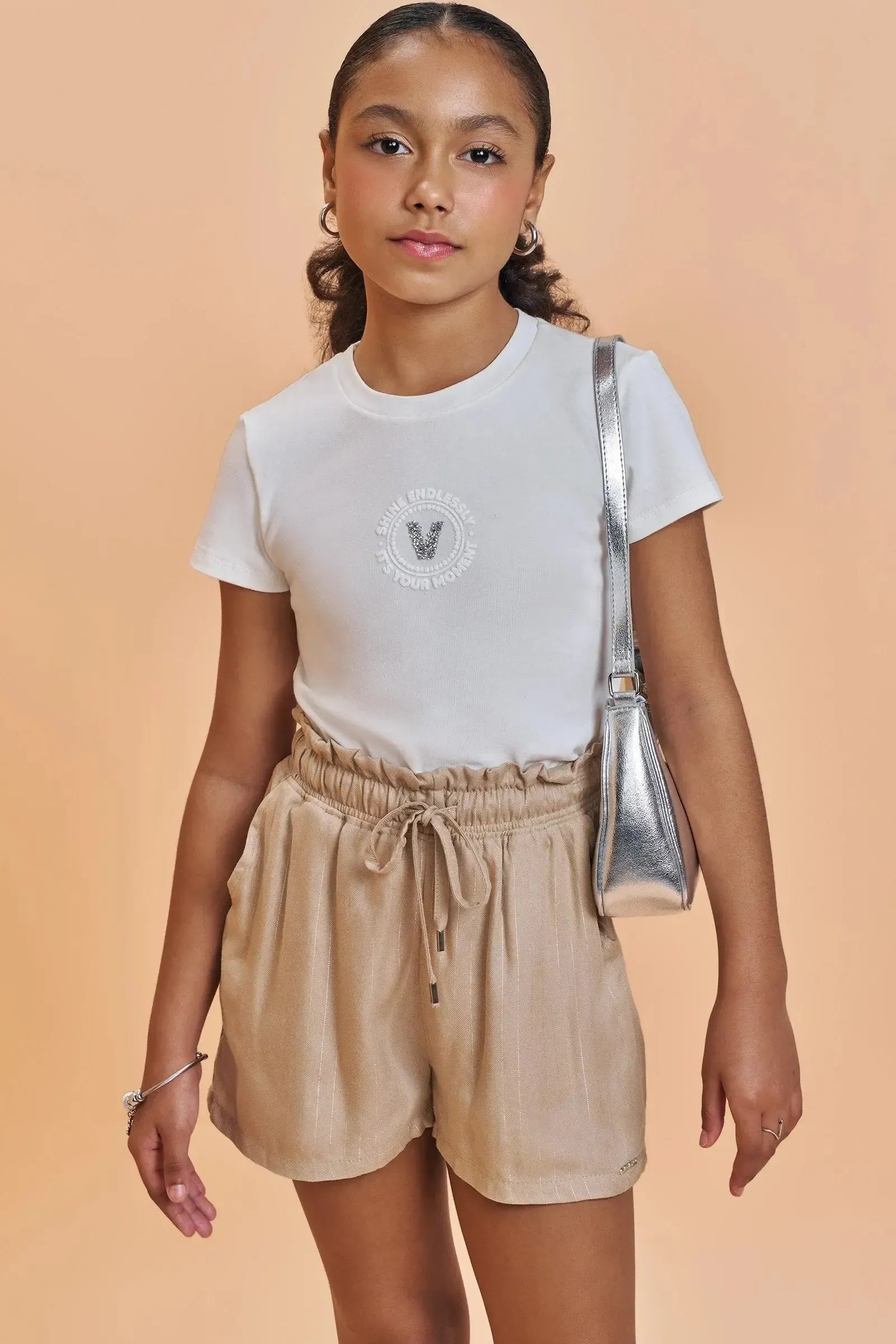 Conjunto de Blusa Boxy em Cotton e Shorts em Visco Shine 93476 Vic&Vicky Teen Menina