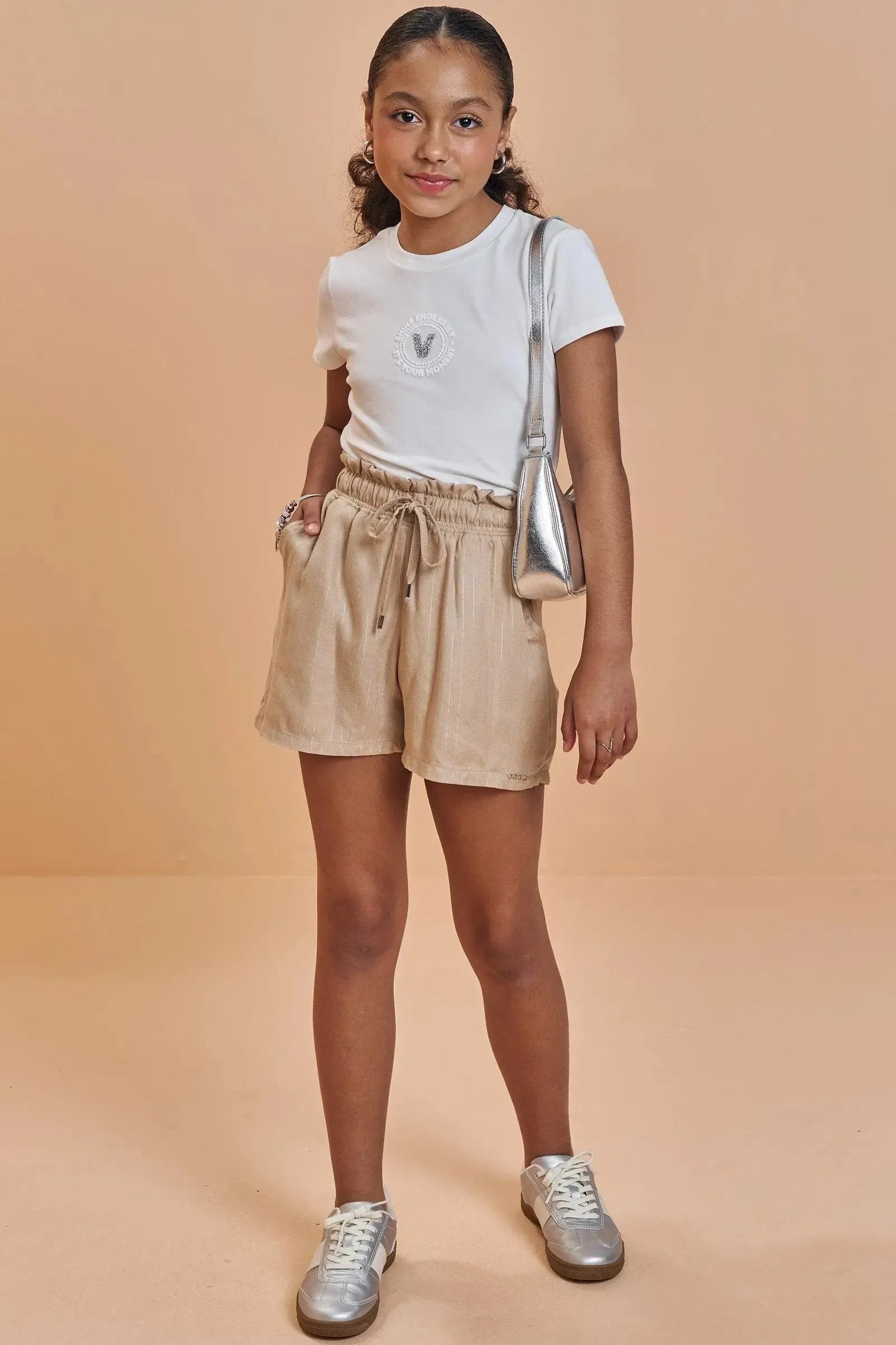 Conjunto de Blusa Boxy em Cotton e Shorts em Visco Shine 93476 Vic&Vicky Teen Menina