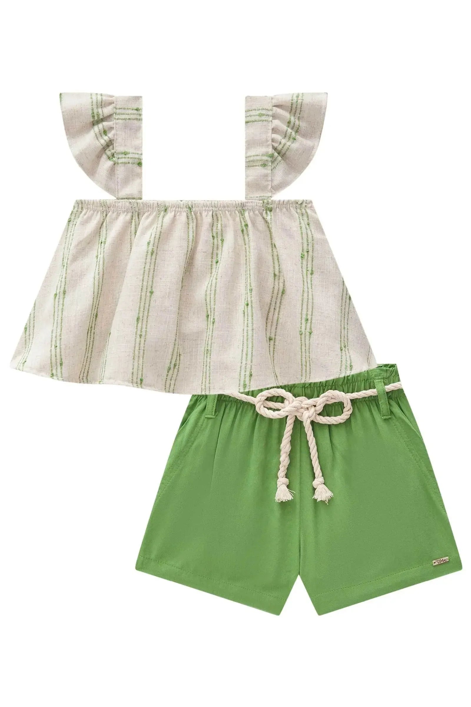 Conjunto de Blusa Boxy em Linho Bordado Listras e Shorts em Viscose 85457 Infanti Infantil Menina
