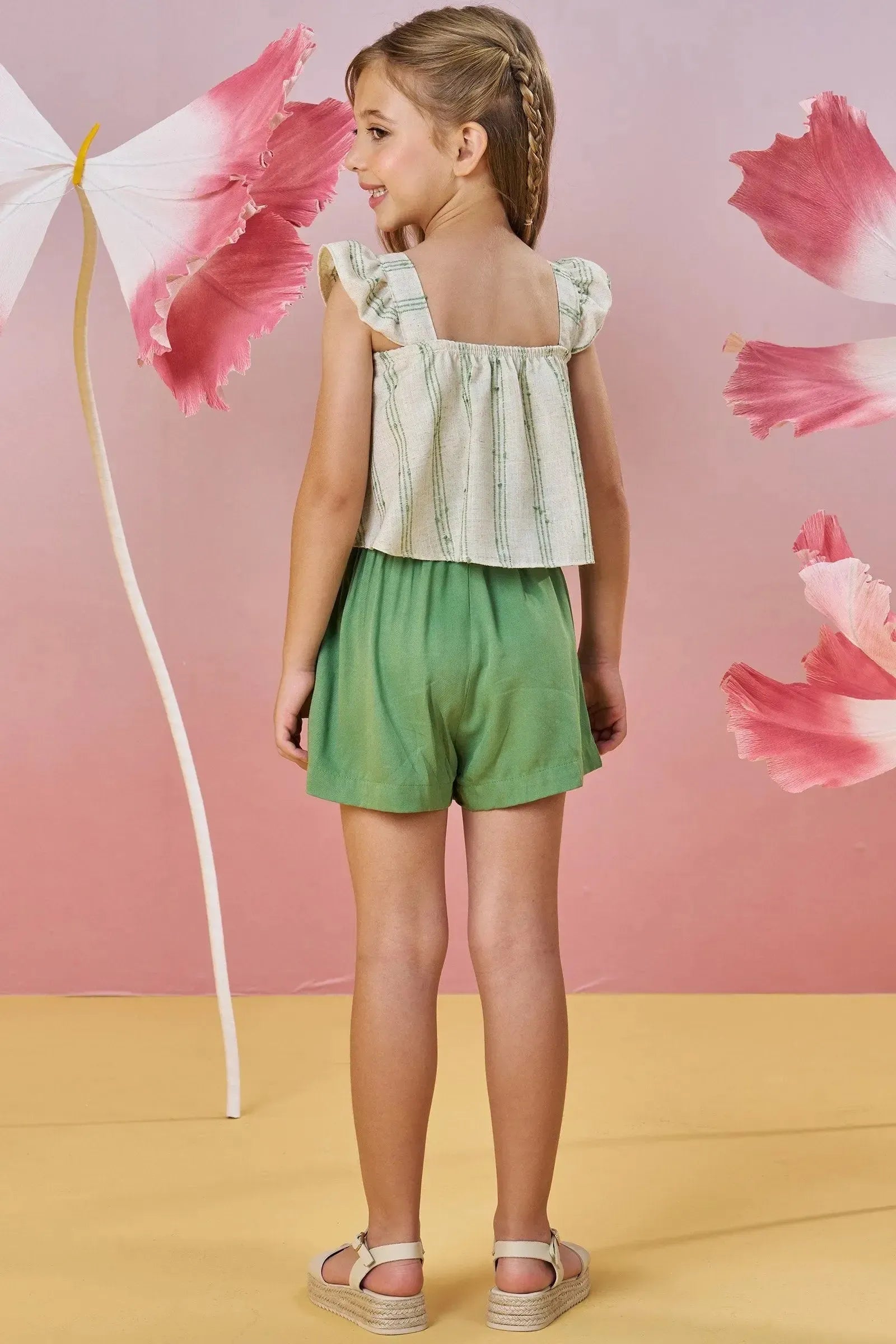 Conjunto de Blusa Boxy em Linho Bordado Listras e Shorts em Viscose 85457 Infanti Infantil Menina