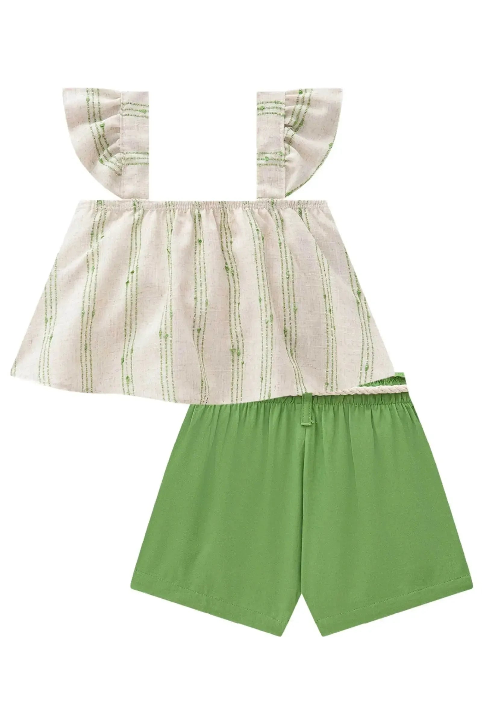 Conjunto de Blusa Boxy em Linho Bordado Listras e Shorts em Viscose 85457 Infanti Infantil Menina