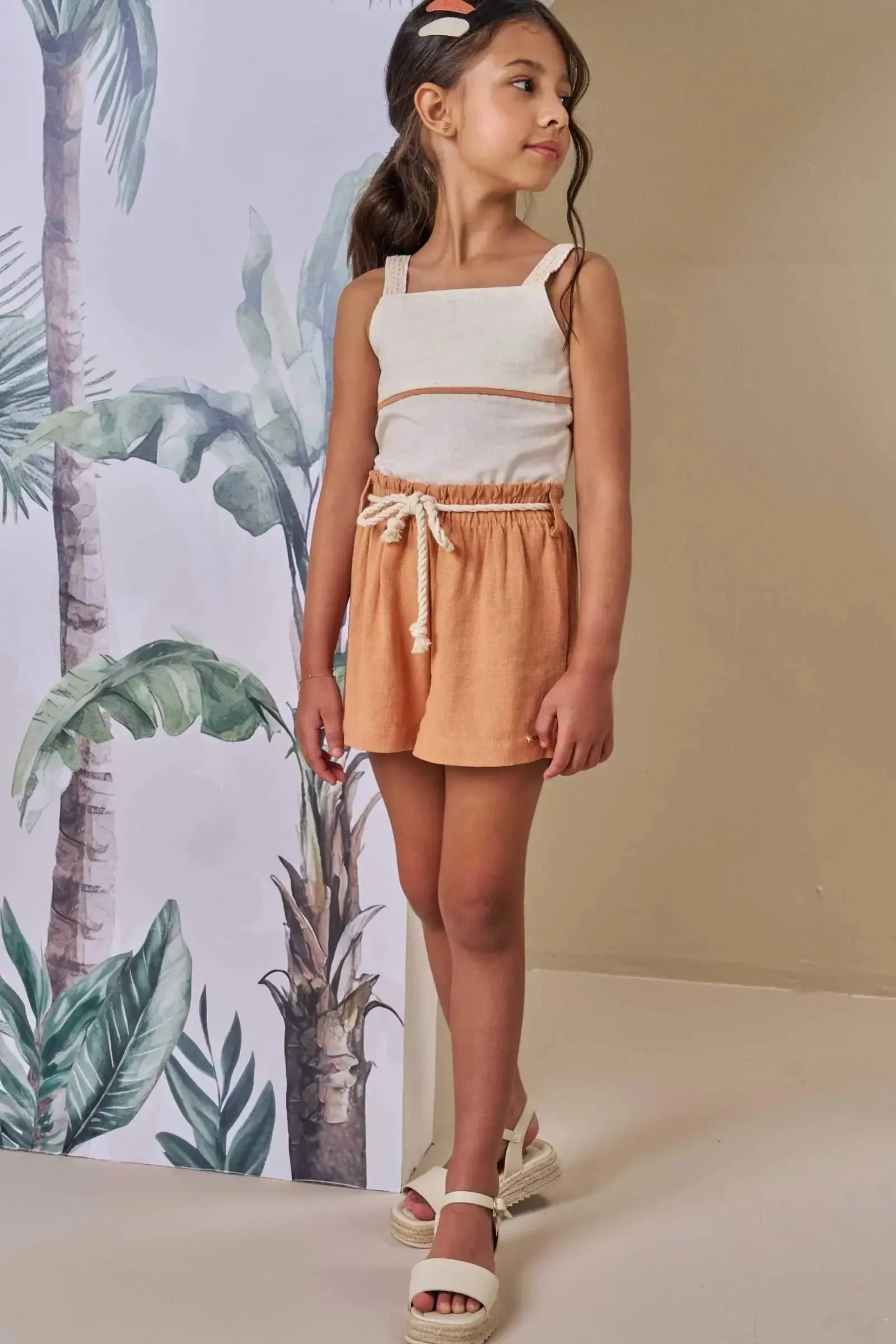 Conjunto de Blusa Boxy em Linho Deluxe e Shorts em Blend de Linho 86529 Infanti Infantil Menina